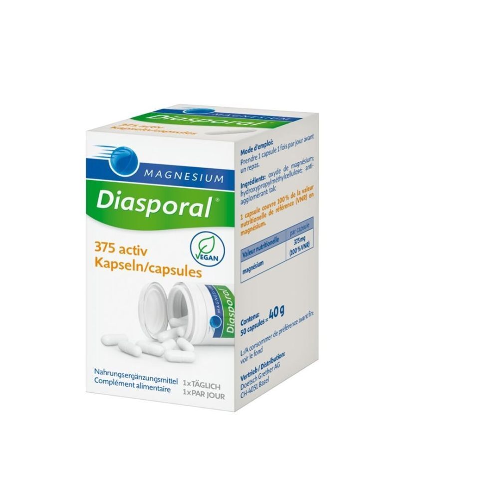Magnesium Diasporal 375 activ Kapseln. Weiße Kapseln in einer weißen Dose und Karton. Vegan.