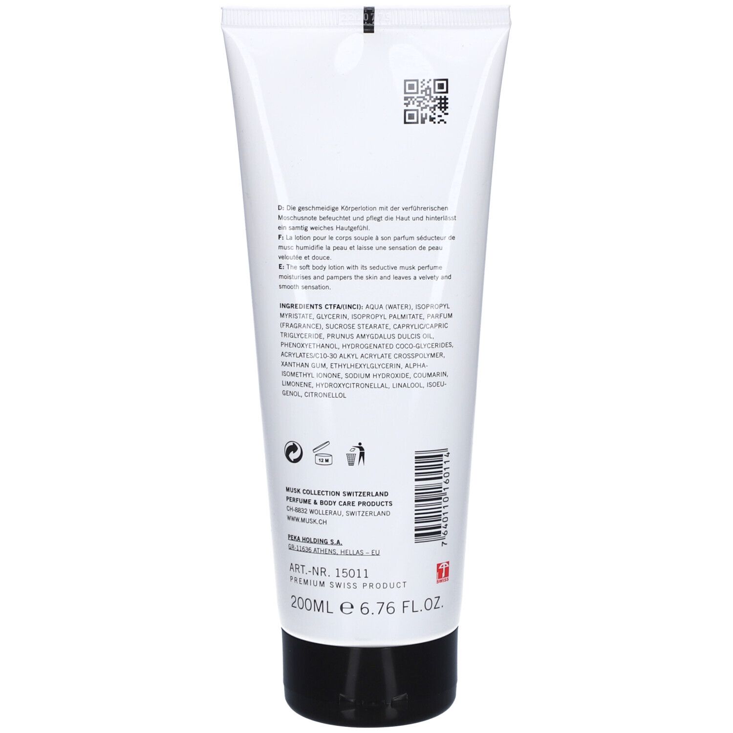 Rückseite der weißen Tube. Text in mehreren Sprachen. QR-Code. Unten: 200ml e 6.76 FL.OZ. und Logo.