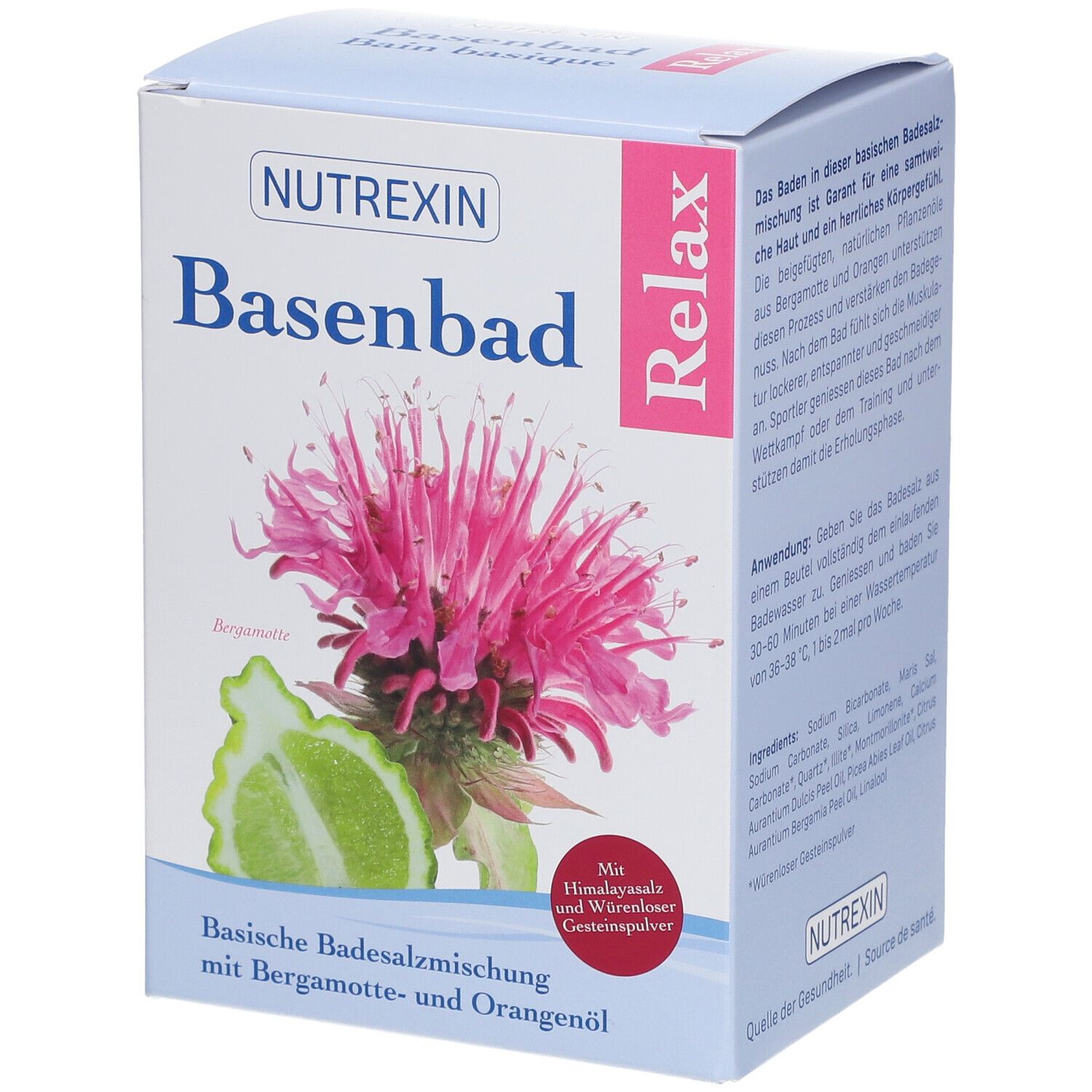 Karton mit NUTREXIN Basenbad Relax. Abbildung einer Blüte und Bergamotte. Text: Basische Badesalzmischung mit Bergamotte- und Orangenöl.