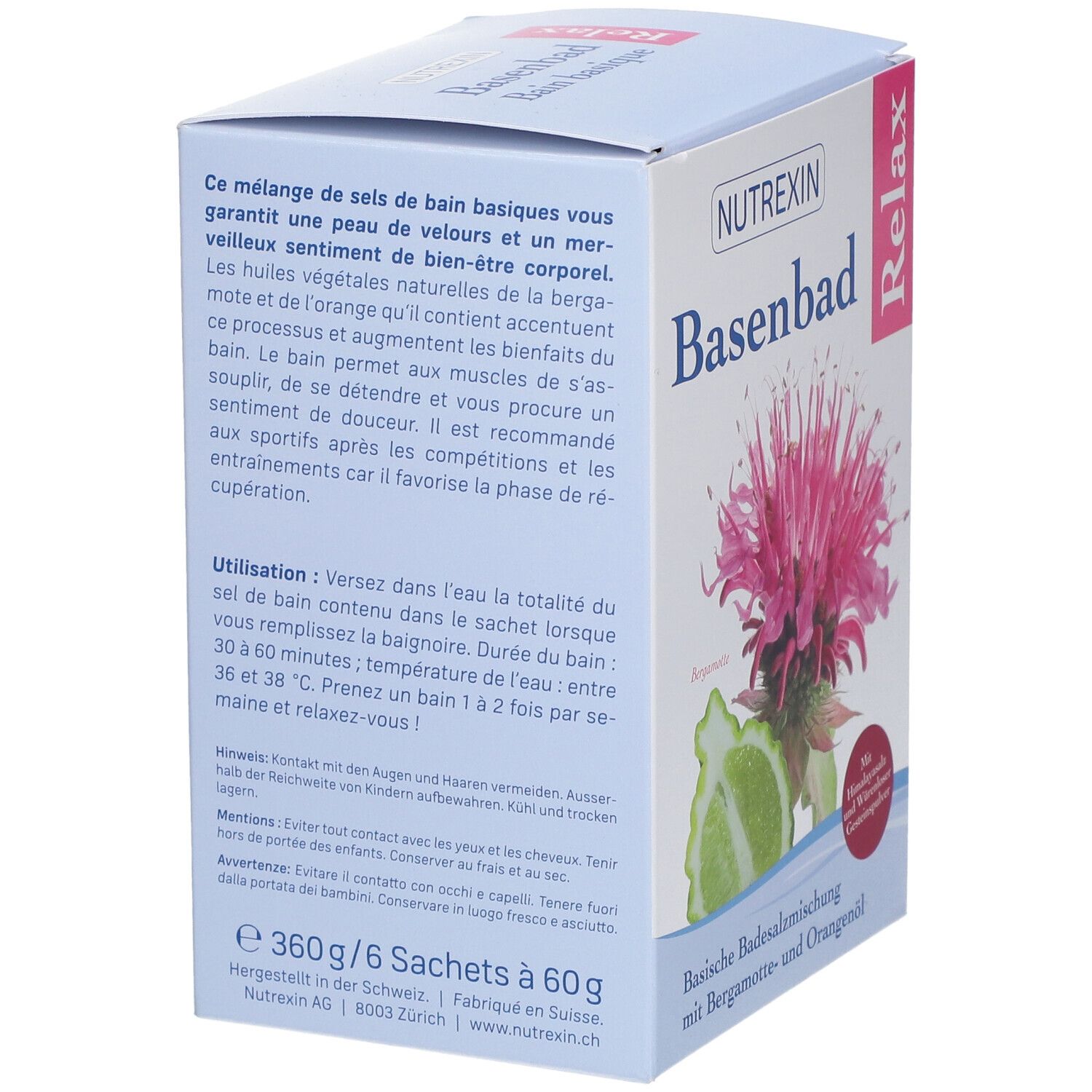Karton mit NUTREXIN Basenbad Relax. Rückseite mit Text in Deutsch und Französisch. Abbildung einer Blüte und Bergamotte.