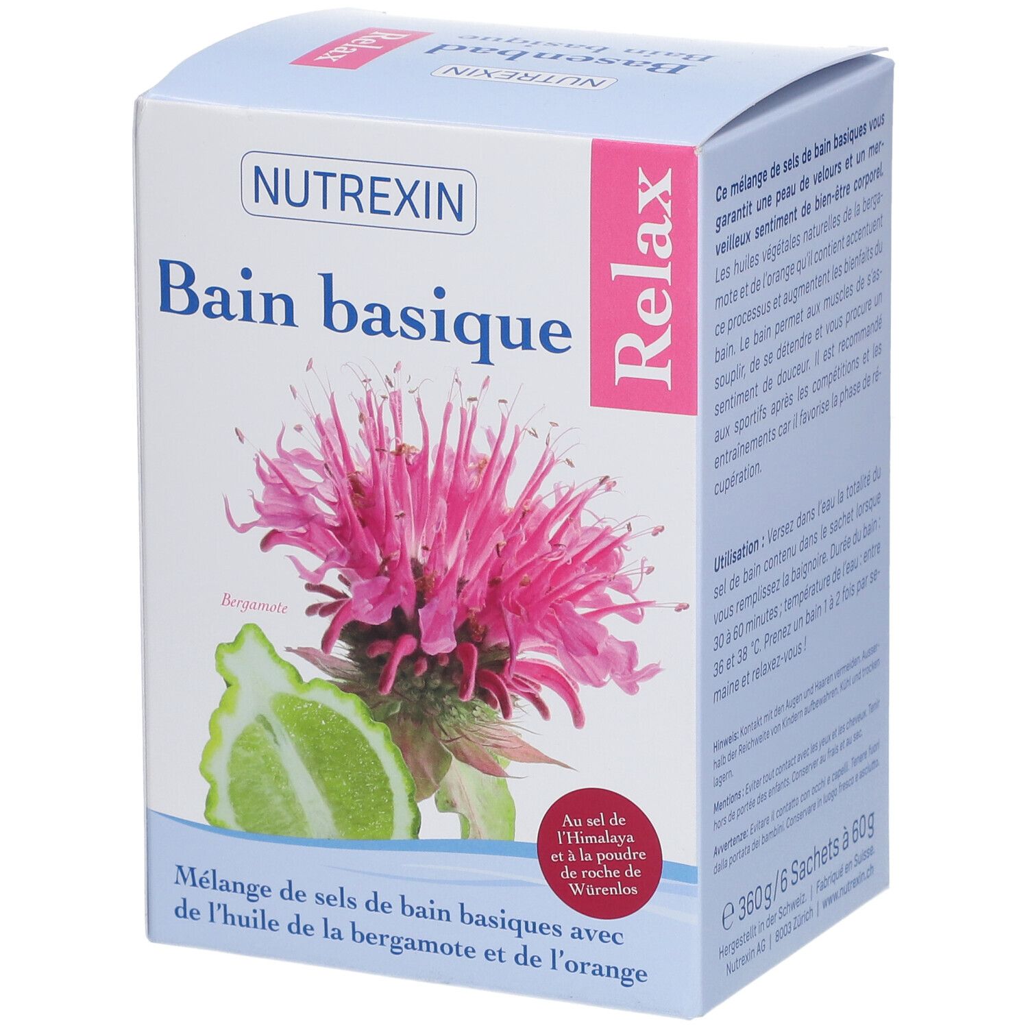 Karton mit NUTREXIN Bain basique Relax. Abbildung einer Blüte und Bergamotte. Text: Mélange de sels de bain basiques avec huile de bergamote et de l'orange.