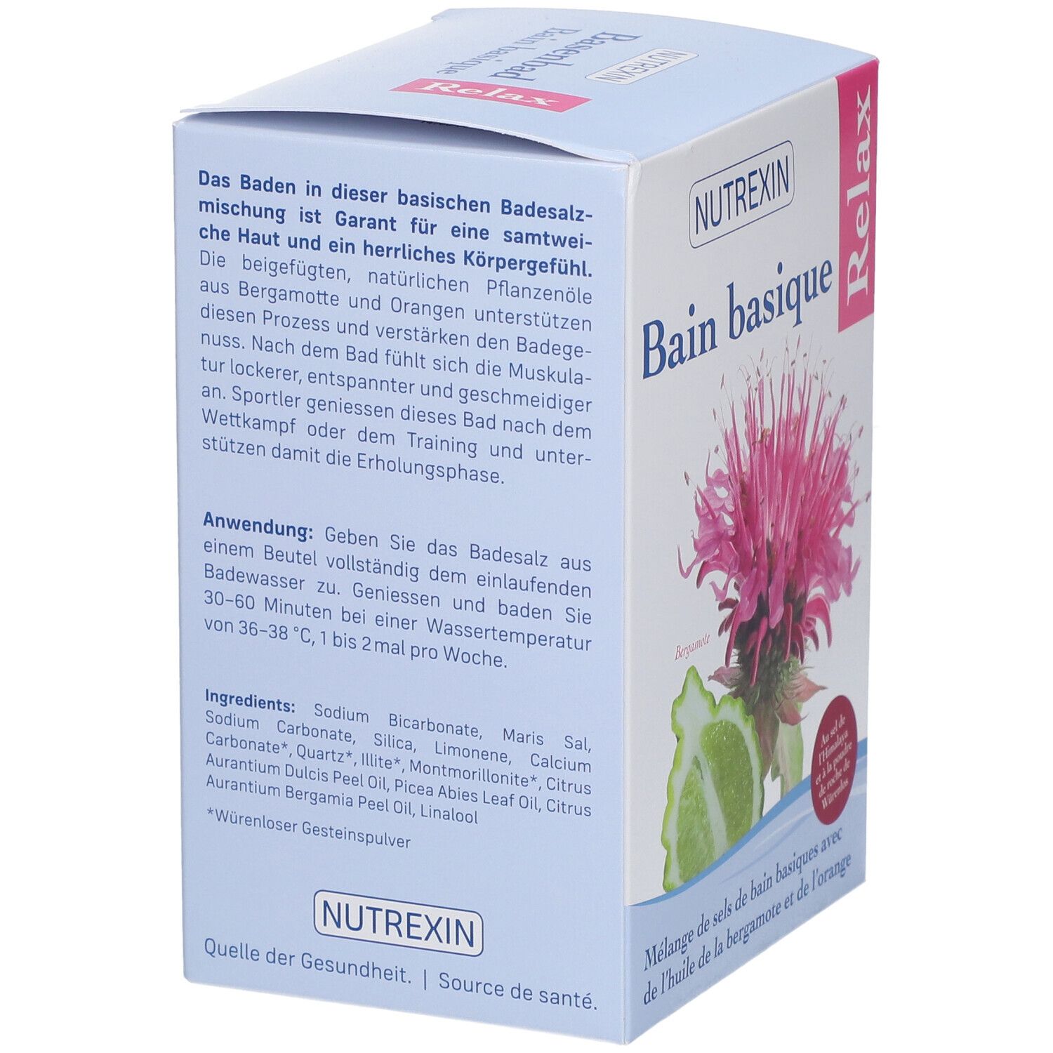 Karton mit NUTREXIN Bain basique Relax. Rückseite mit Text in Deutsch. Abbildung einer Blüte und Bergamotte.