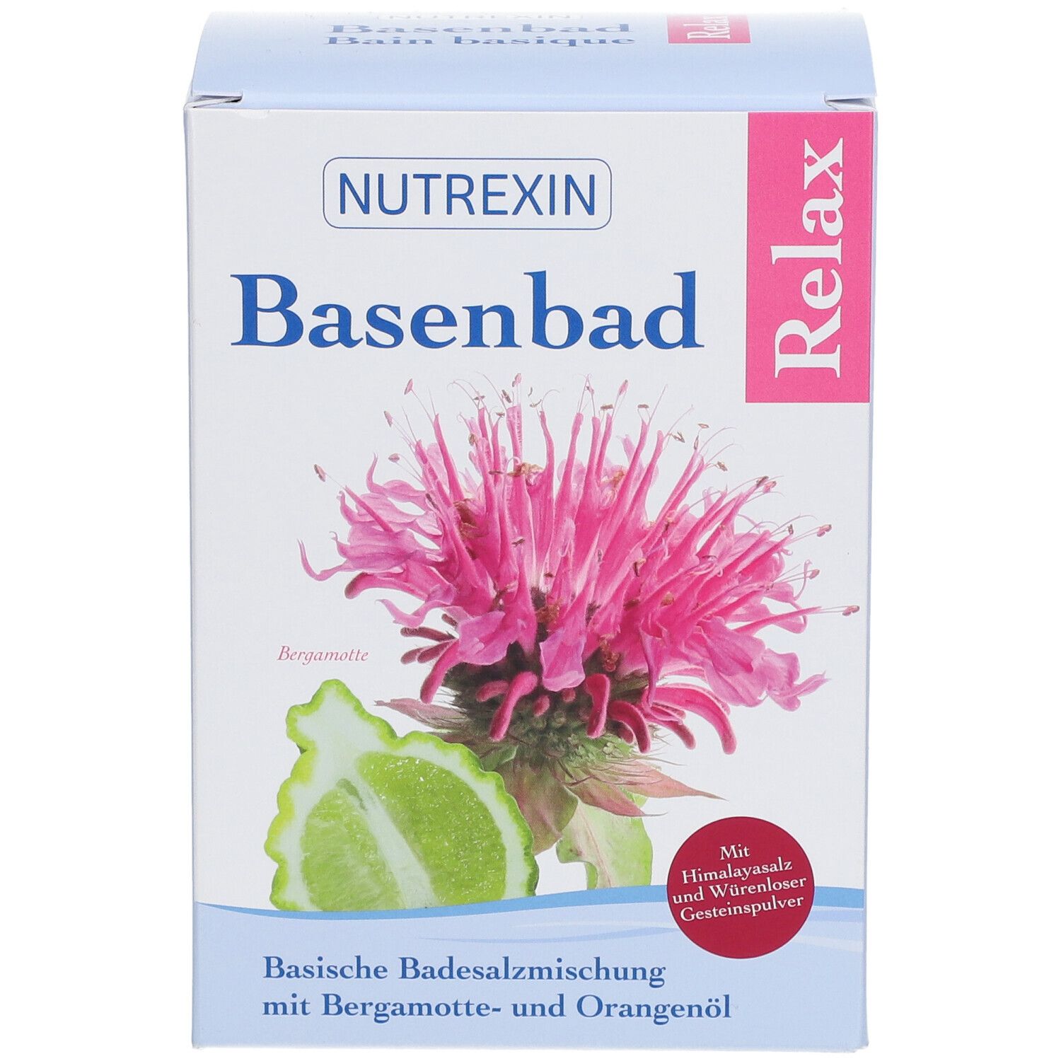 Karton mit NUTREXIN Basenbad Relax. Abbildung einer Blüte und Bergamotte. Text: Basische Badesalzmischung mit Bergamotte- und Orangenöl.