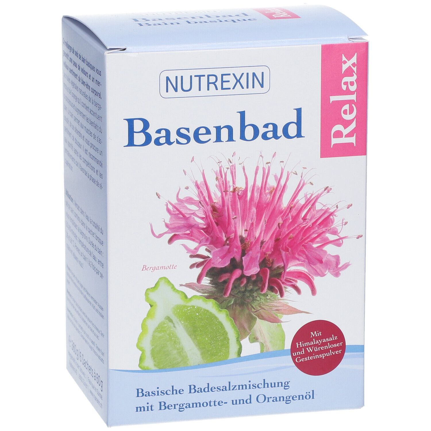 Karton mit NUTREXIN Basenbad Relax. Abbildung einer Blüte und Bergamotte. Text: Basische Badesalzmischung mit Bergamotte- und Orangenöl.