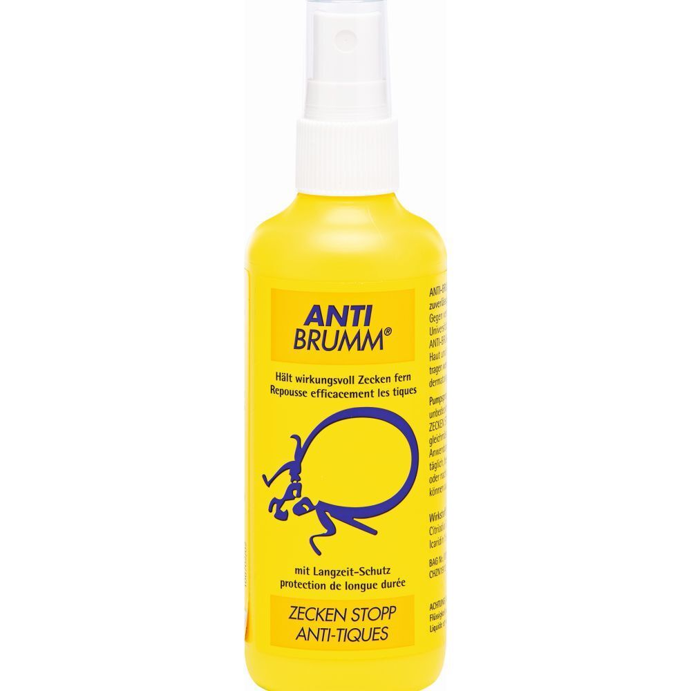 Gelbe Sprühflasche mit weißem Sprühkopf. Aufschrift ANTI BRUMM® und ZECKEN STOPP. Abbildung einer Zecke.