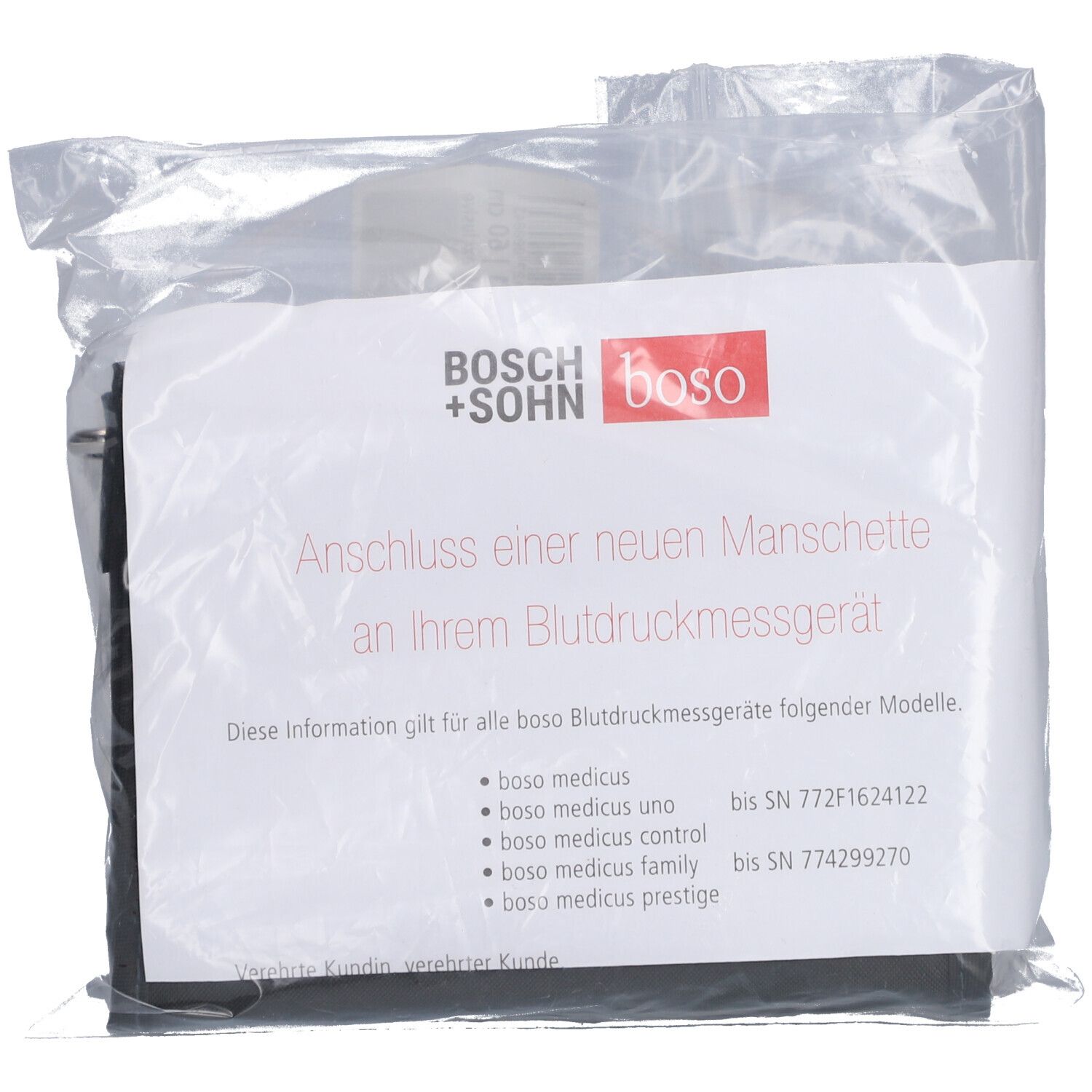 Verpackung mit Produktinformationen. Text: Anschluss einer neuen Manschette an Ihrem Blutdruckmessgerät. Marke: boso.