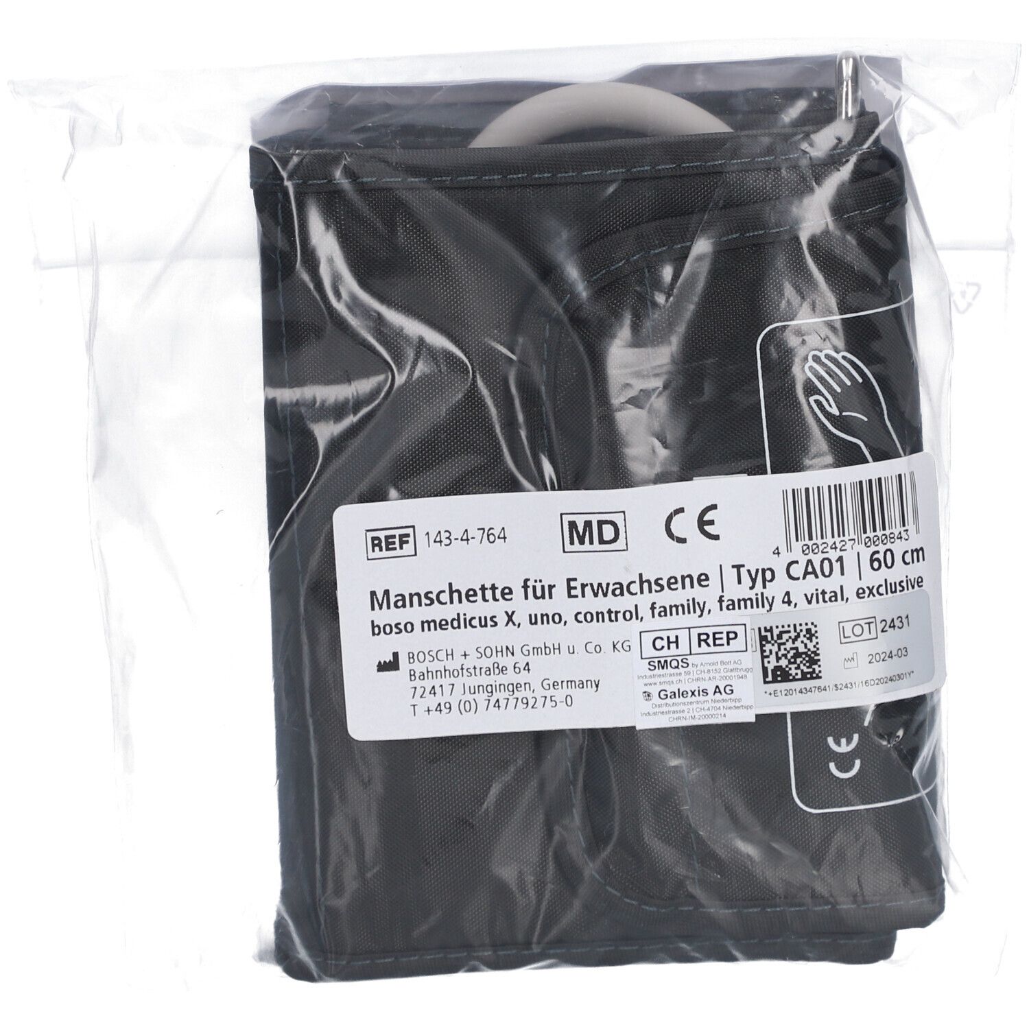 Schwarze Manschette in Plastikverpackung. Text: Manschette für Erwachsene, Typ CA01, 60 cm. Marke: boso medicus.