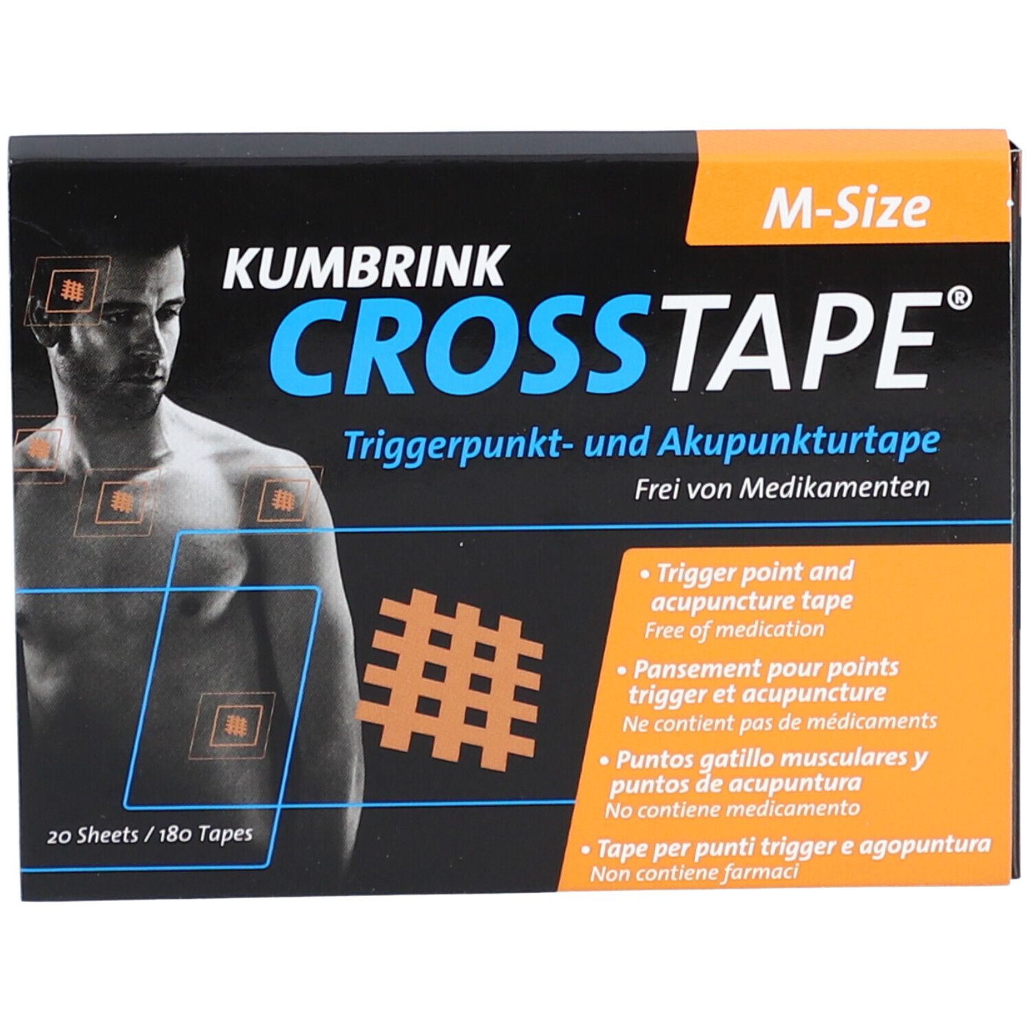 Verpackung mit CROSSTAPE. Schwarzer Karton mit Produktname und Beschreibung. Enthält 20 Bögen/180 Tapes. M-Size.