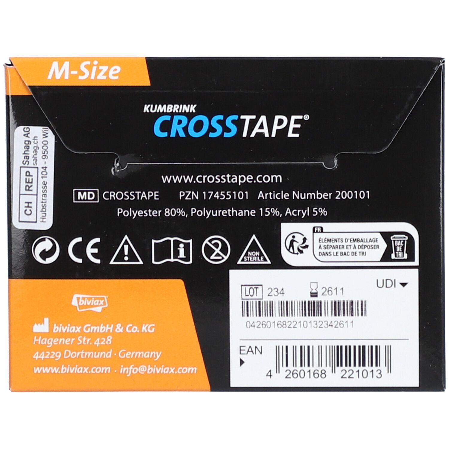 Rückseite der CROSSTAPE-Verpackung. Enthält Informationen wie Hersteller, Inhaltsstoffe, Chargennummer und EAN-Code. M-Size.