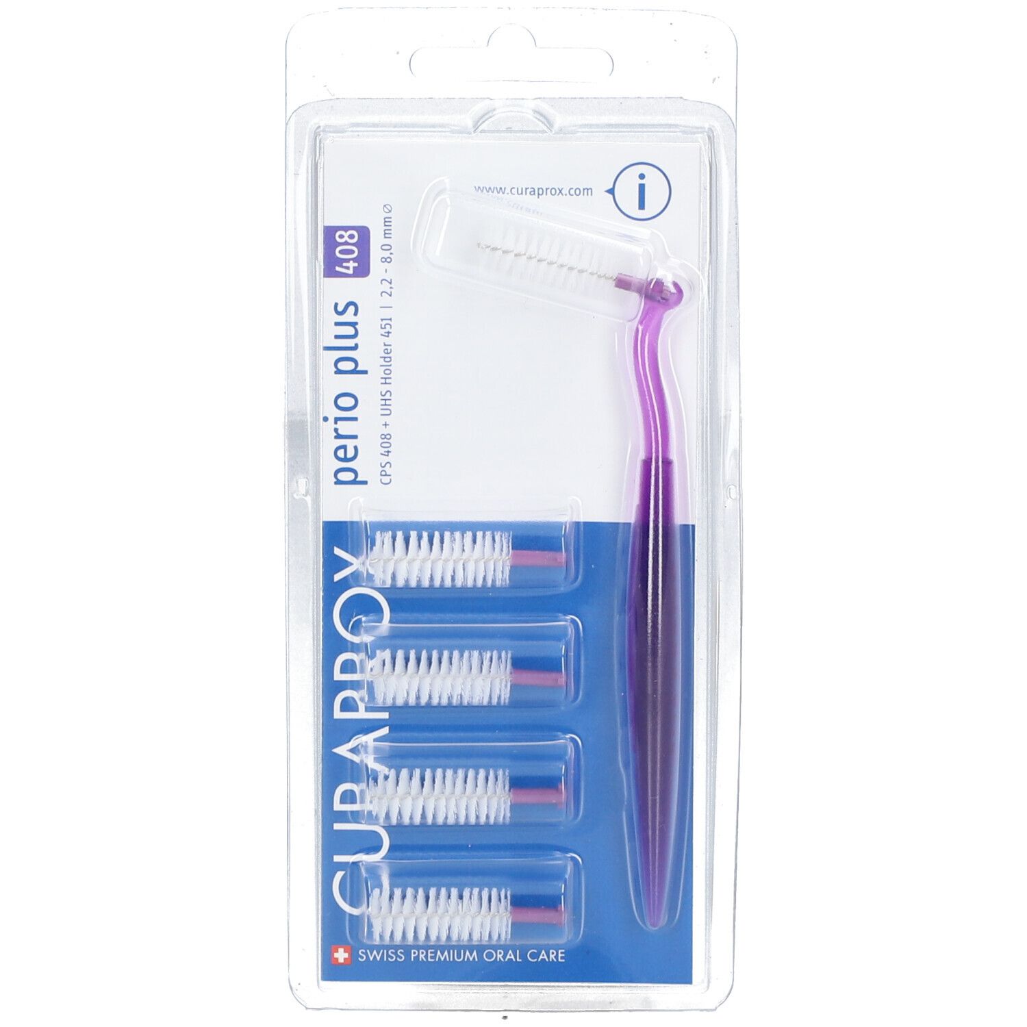 Emballage de brosses interdentaires Curaprox CPS Perio Plus. Quatre têtes de brosse et un manche violet. Inscription : Swiss Premium Oral Care.