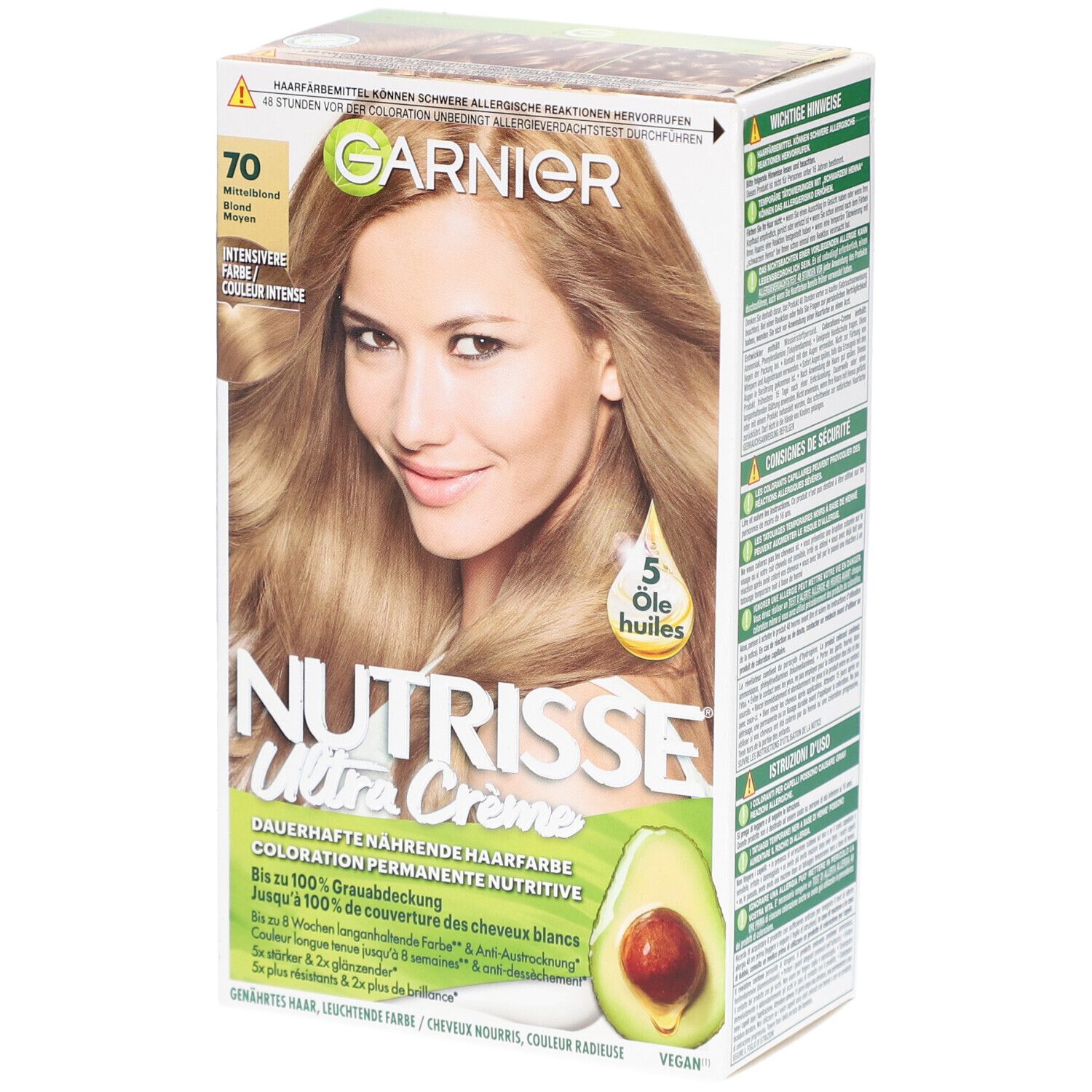 Verpackung von Garnier Nutrisse Crème. Aufdruck: 70 Mittelblond. Abbildung einer Frau mit blonden Haaren. Avocado-Illustration.