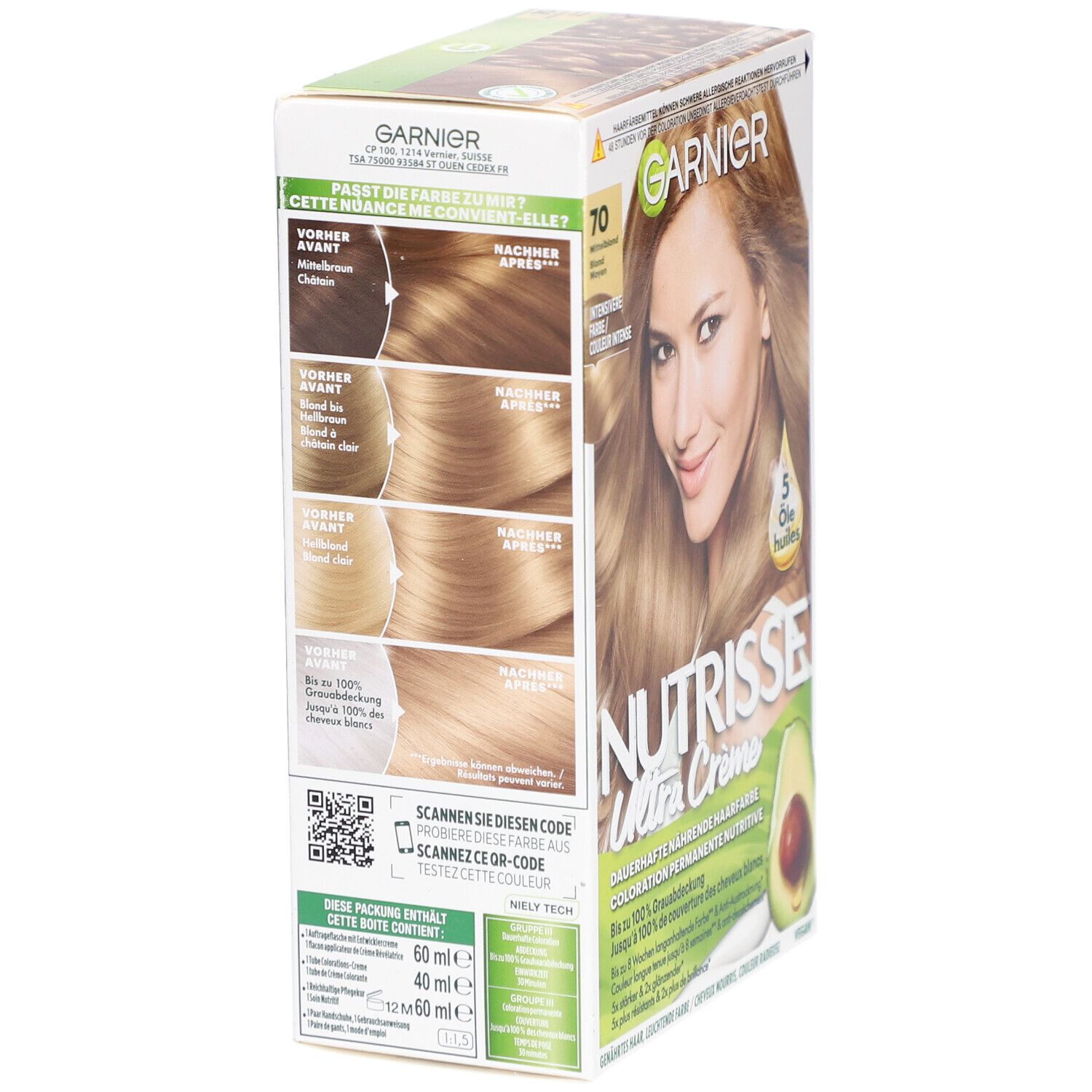 Garnier Nutrisse Crème Verpackung, Seitenansicht. Aufdruck: 70 Mittelblond. Vergleichsbilder: Vorher/Nachher. QR-Code.