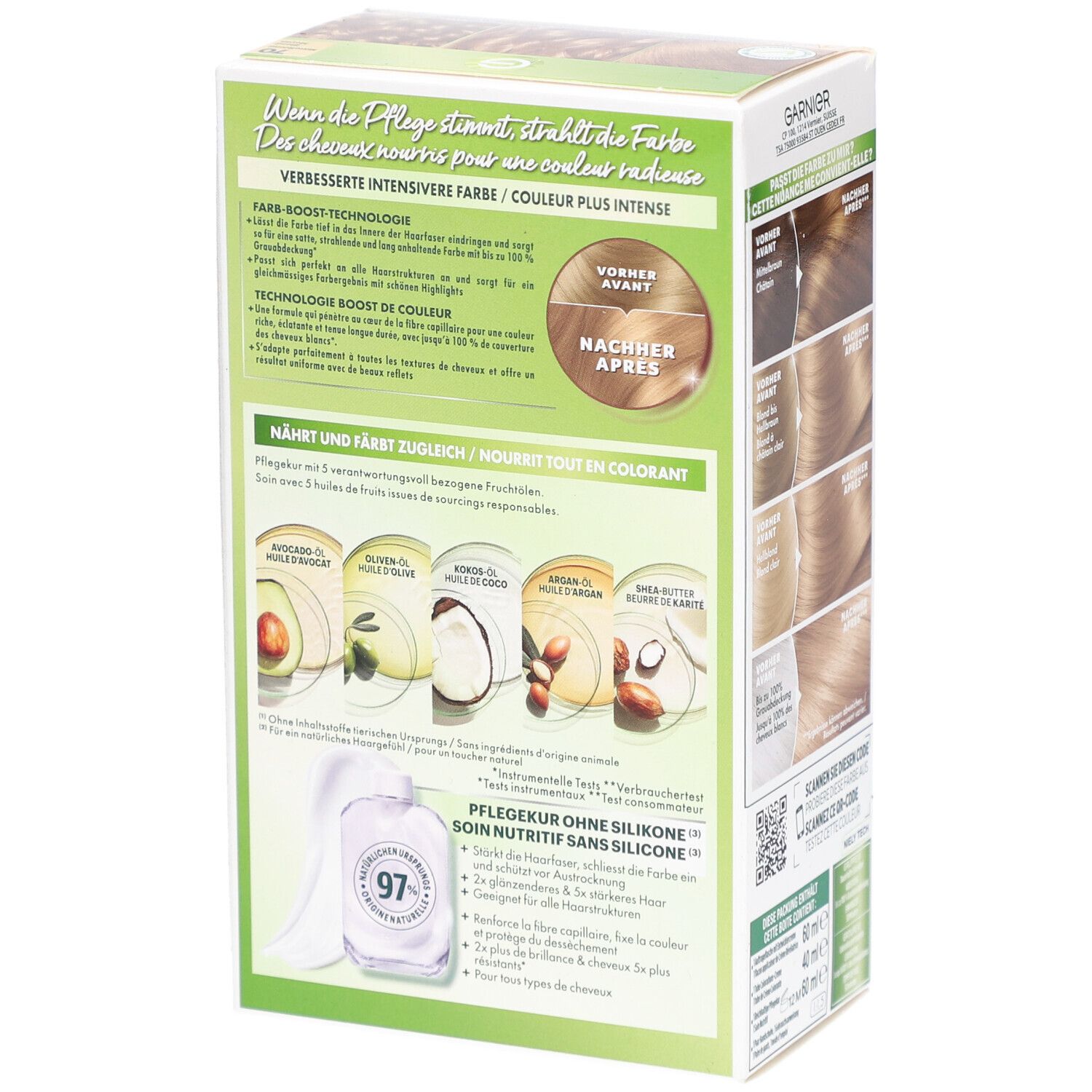 Rückseite der Garnier Nutrisse Crème Verpackung. Illustrationen von Ölen. Text: Nährt und färbt zugleich.