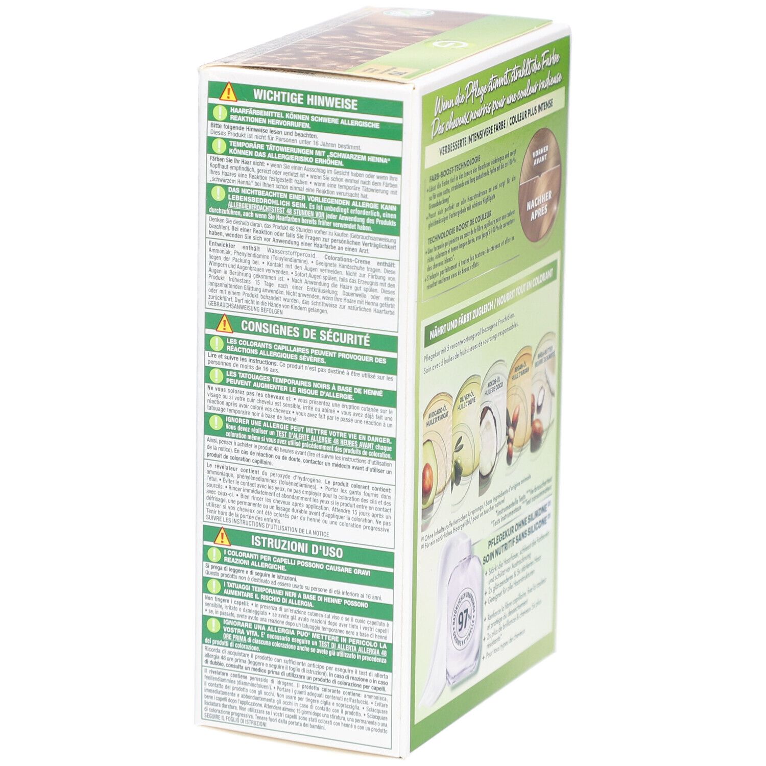 Garnier Nutrisse Crème Verpackung, Seitenansicht. Warnhinweise und Gebrauchsanweisungen in verschiedenen Sprachen.
