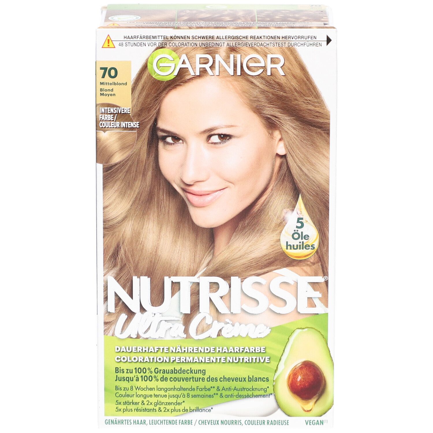 Garnier Nutrisse Crème Verpackung. Aufdruck: 70 Mittelblond. Abbildung einer Frau mit blonden Haaren. Avocado-Illustration.