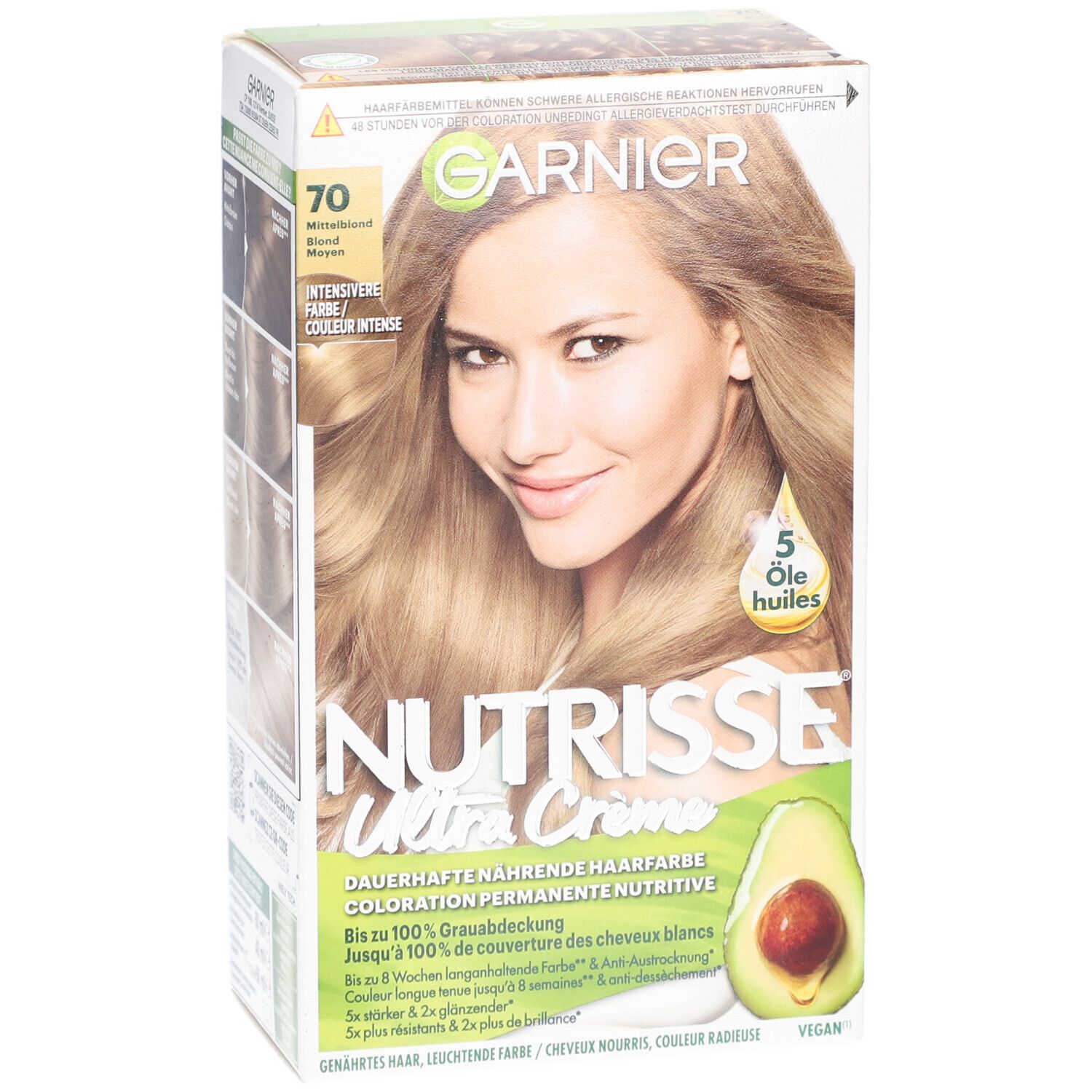 Garnier Nutrisse Crème Verpackung. Aufdruck: 70 Mittelblond. Abbildung einer Frau mit blonden Haaren. Avocado-Illustration.
