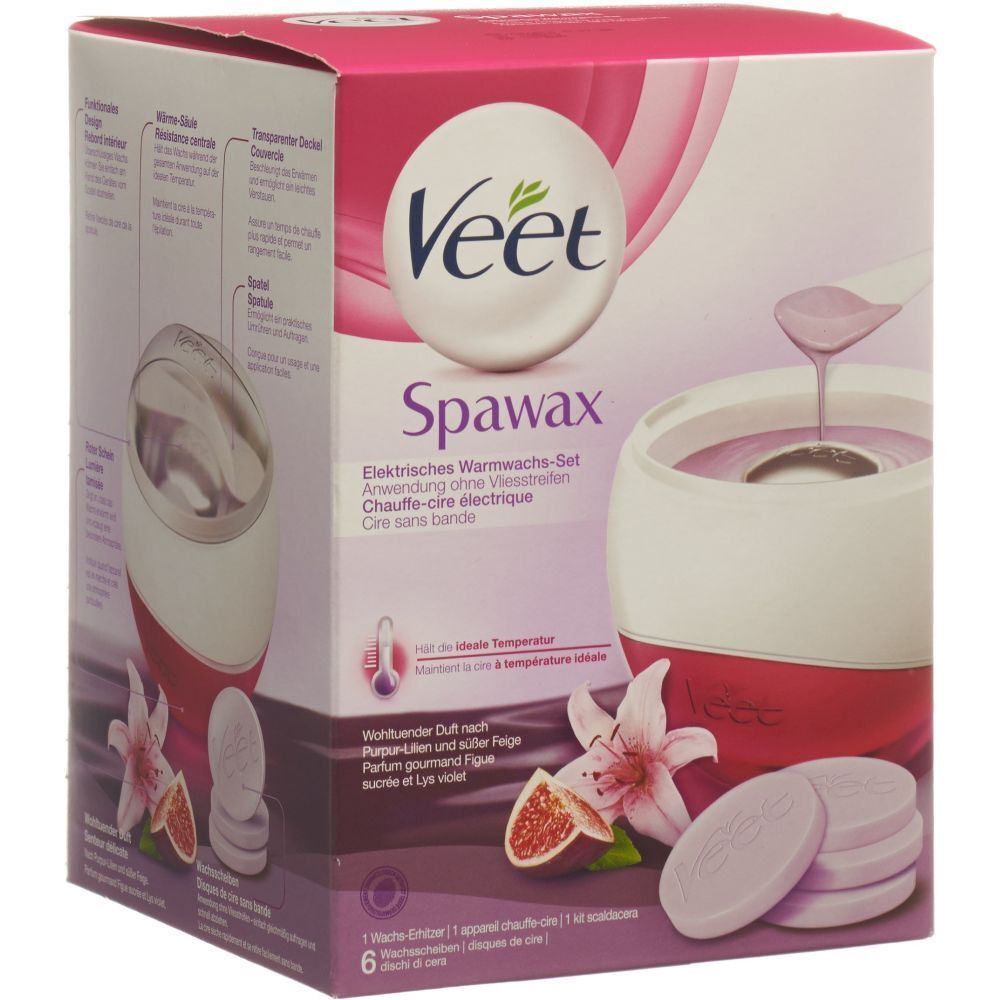 Veet Spawax-Set. Verpackung mit Wachs-Set, Wachserhitzer, Wachsscheiben und floralen Elementen. Text: 'Elektrisches Warmwachs-Set'.