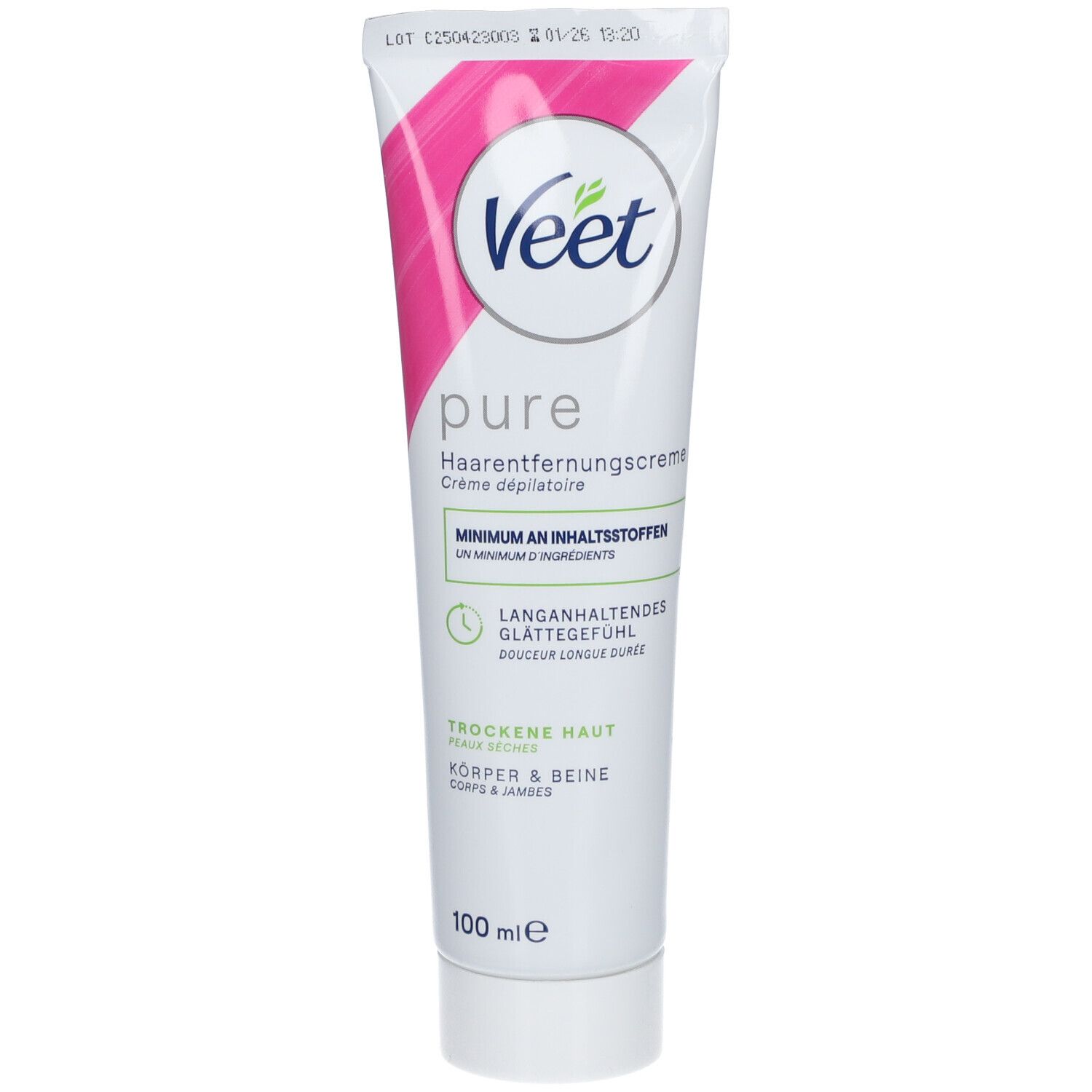 Veet Pure crème dépilatoire corps et jambes. Tube blanc avec accents roses. Nom du produit et logo visibles.