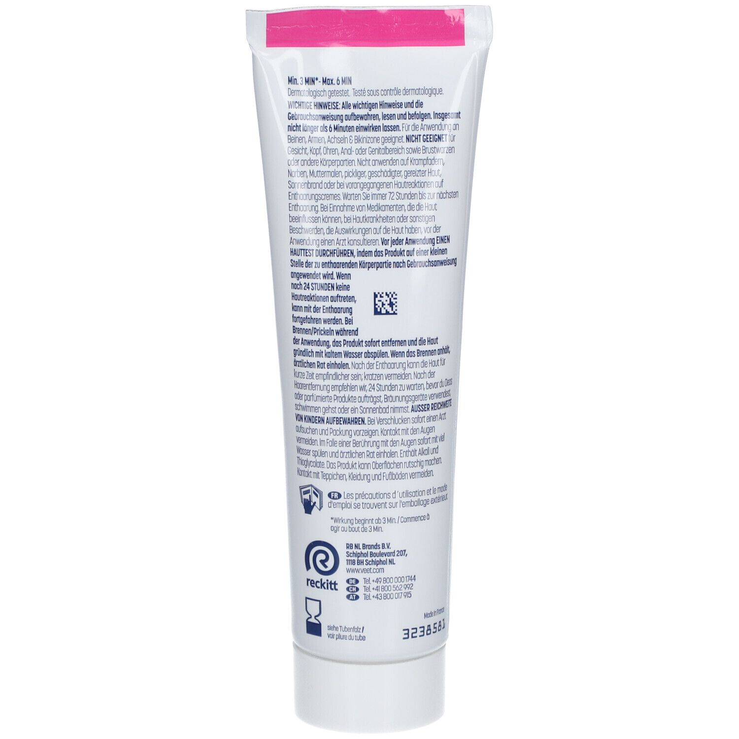 Dos du tube de crème dépilatoire Veet Pure. Texte multilingue. Informations fabricant et code-barres.