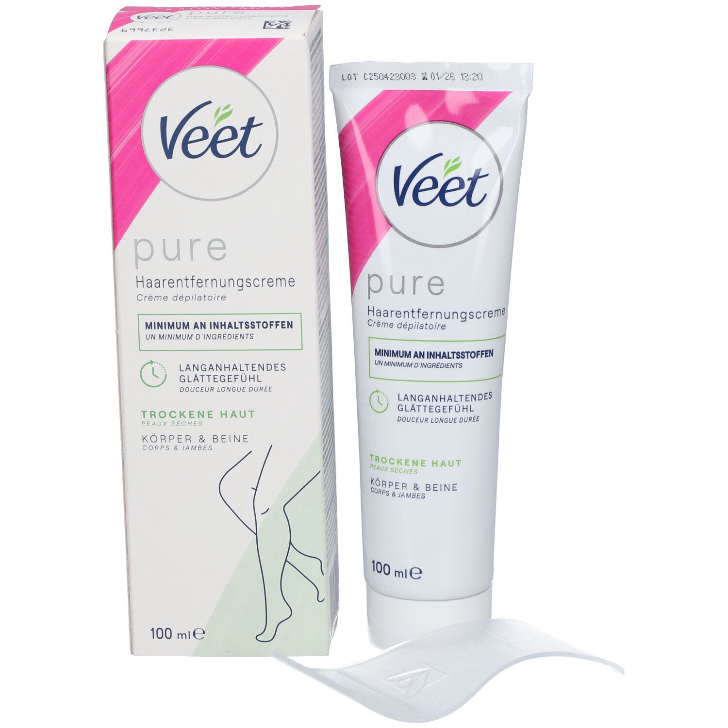 Veet Pure crème dépilatoire avec emballage. Tube et boîte. Nom du produit, logo et illustration de jambes.