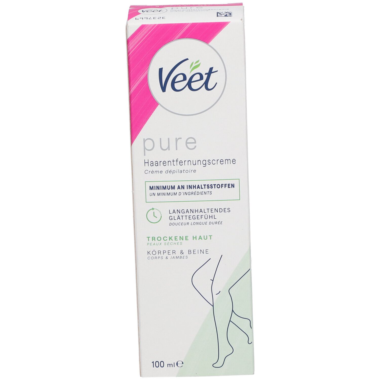 Boîte de crème dépilatoire Veet Pure. Nom du produit, logo et illustration de jambes. Couleurs rose et blanc.
