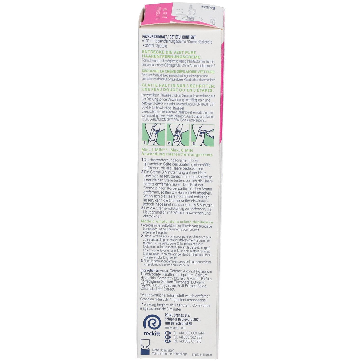 Dos de la boîte de crème dépilatoire Veet Pure. Texte multilingue. Instructions d'utilisation et ingrédients.