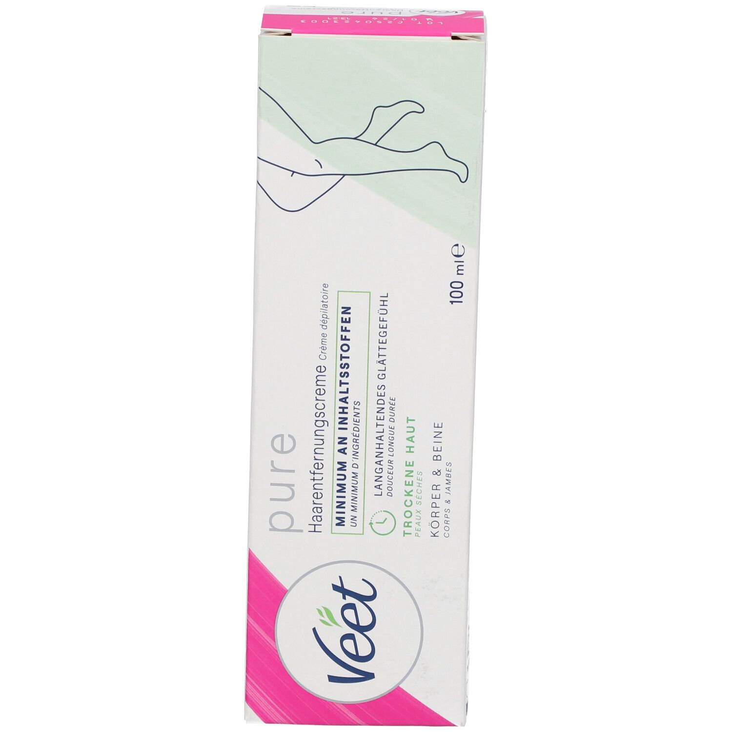 Boîte de crème dépilatoire Veet Pure. Nom du produit, logo et illustration de jambes. Boîte blanche avec accents roses.