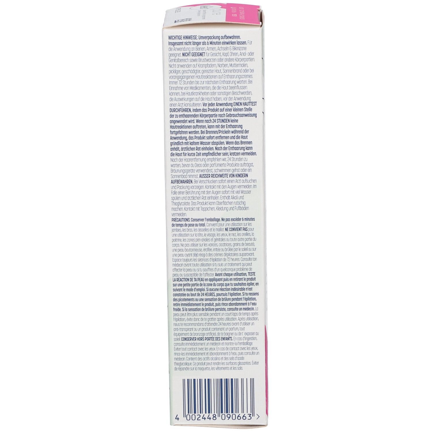 Dos de la boîte de crème dépilatoire Veet Pure. Texte multilingue. Informations fabricant et code-barres.