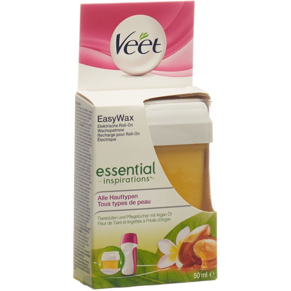 Recharge de cire Veet EasyWax en emballage. Cartouche de cire jaune, emballage rose et blanc. "Tous types de peau".