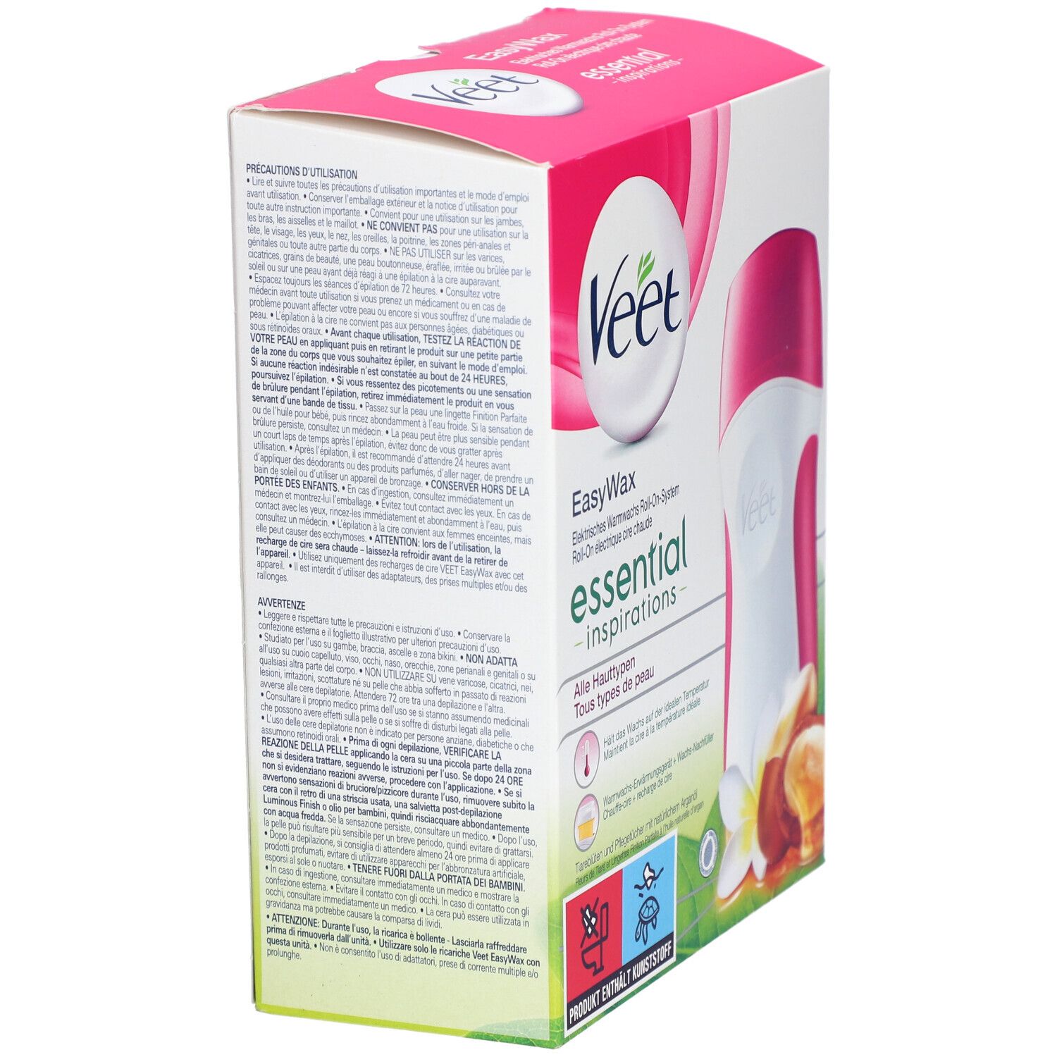 Vue latérale de l'emballage VEET EasyWax. Boîte rose et blanche avec texte et image du produit. Contient informations et avertissements.