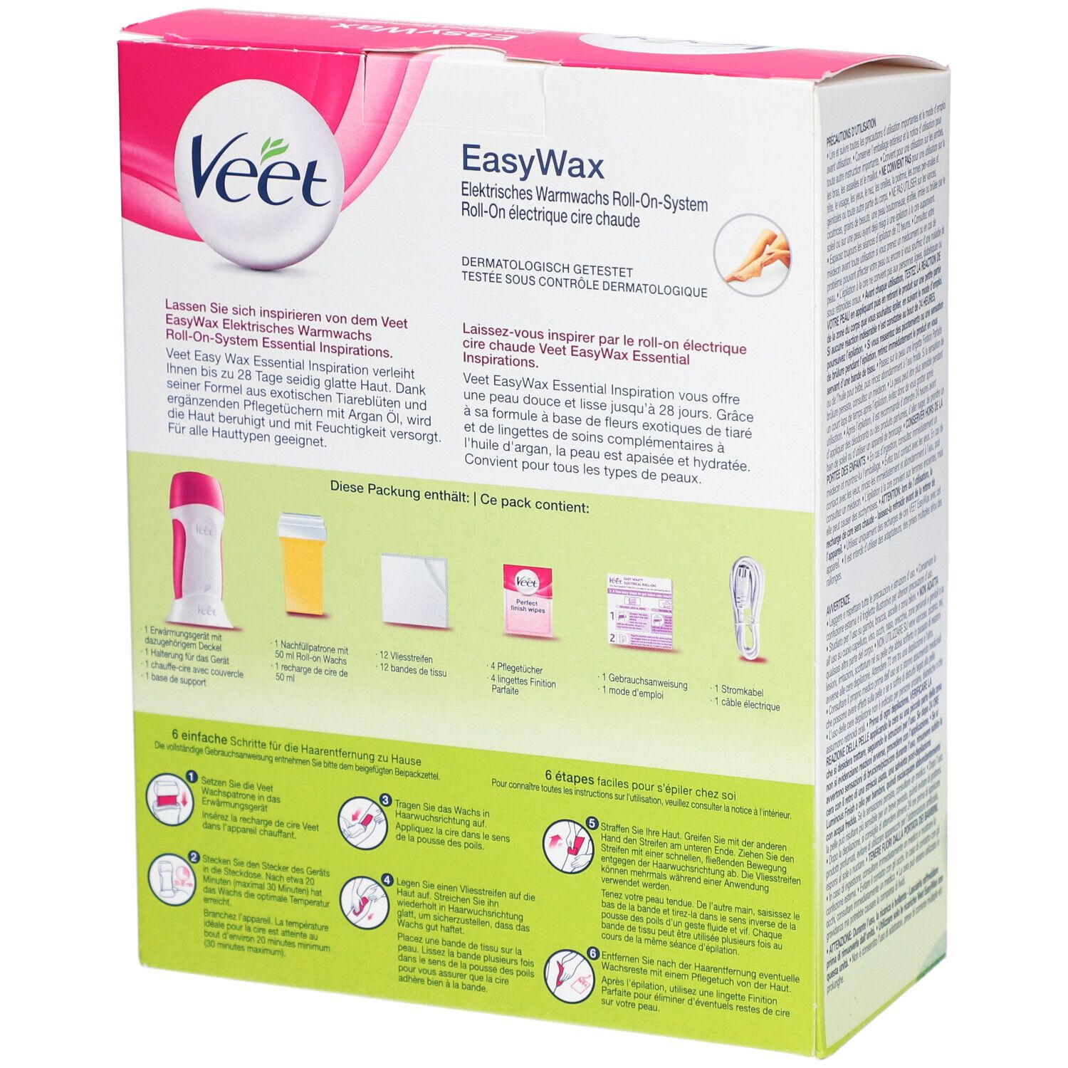 Dos de l'emballage VEET EasyWax. Contient des images du produit et des instructions d'utilisation. Montre les composants et les étapes.