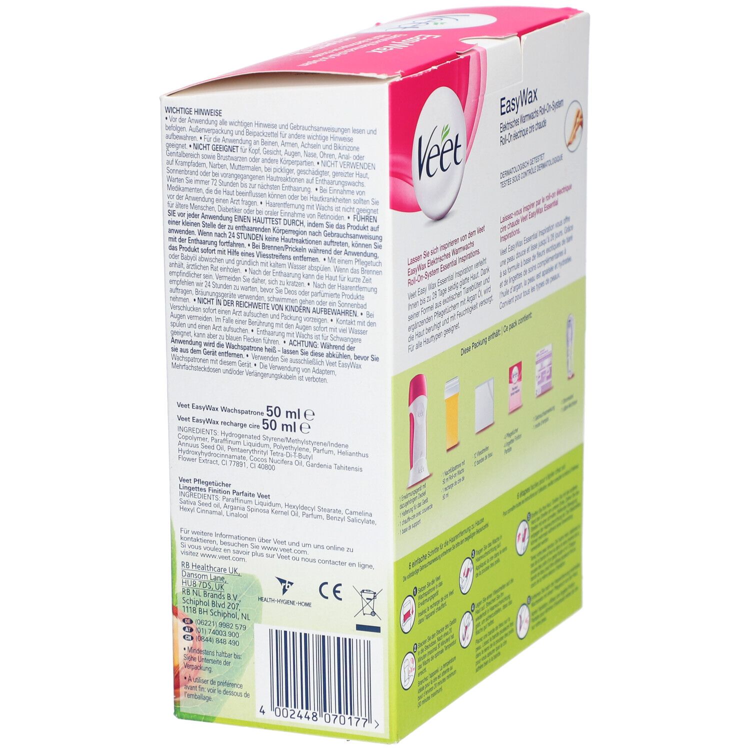 Vue latérale de l'emballage VEET EasyWax. Contient du texte et des informations sur le produit. Montre les ingrédients et les avertissements.