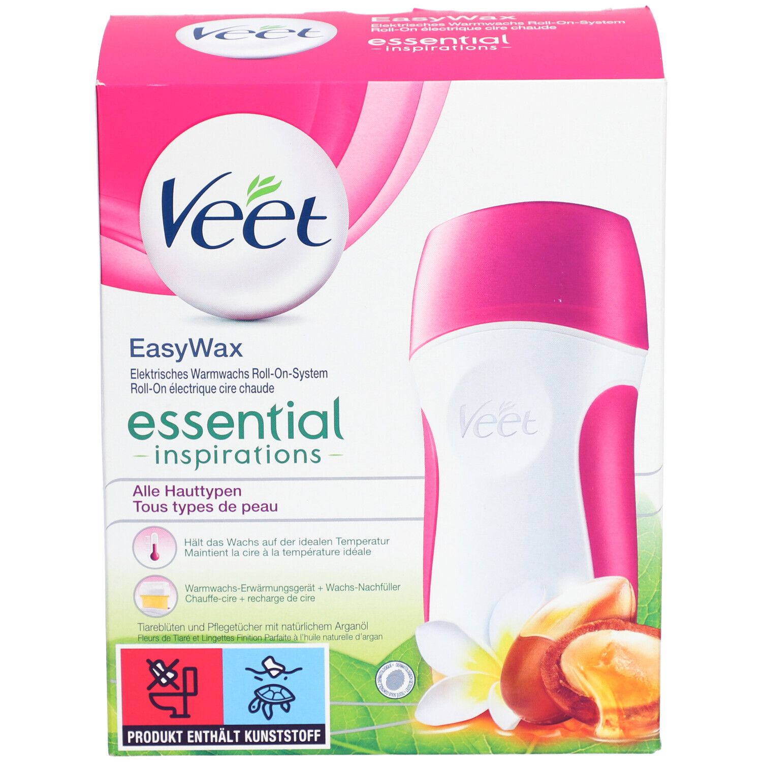 Emballage VEET EasyWax. Boîte rose et blanche avec image du produit et texte. Contient système roll-on et accessoires.