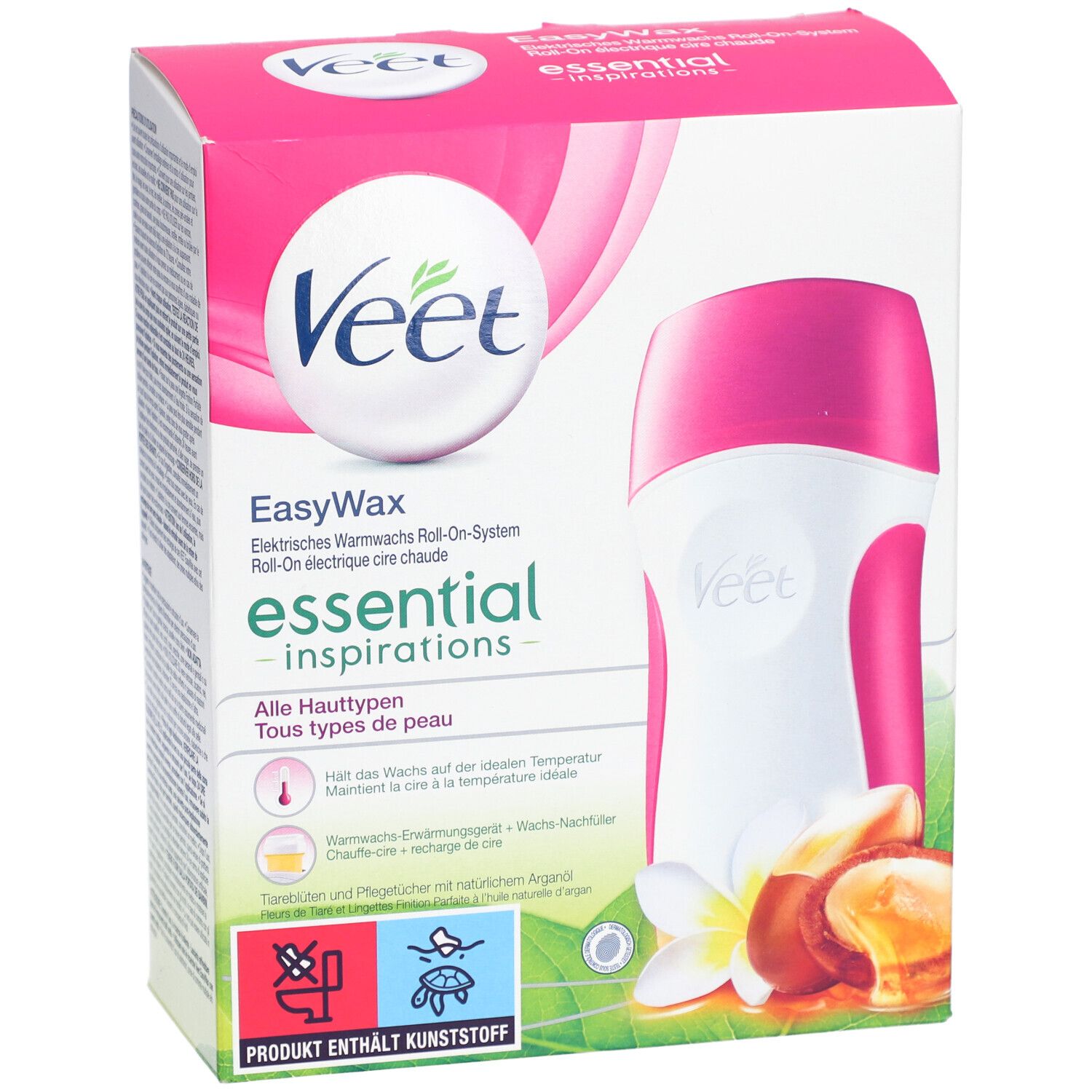 Emballage VEET EasyWax. Boîte rose et blanche avec image du produit et texte. Contient système roll-on et accessoires.