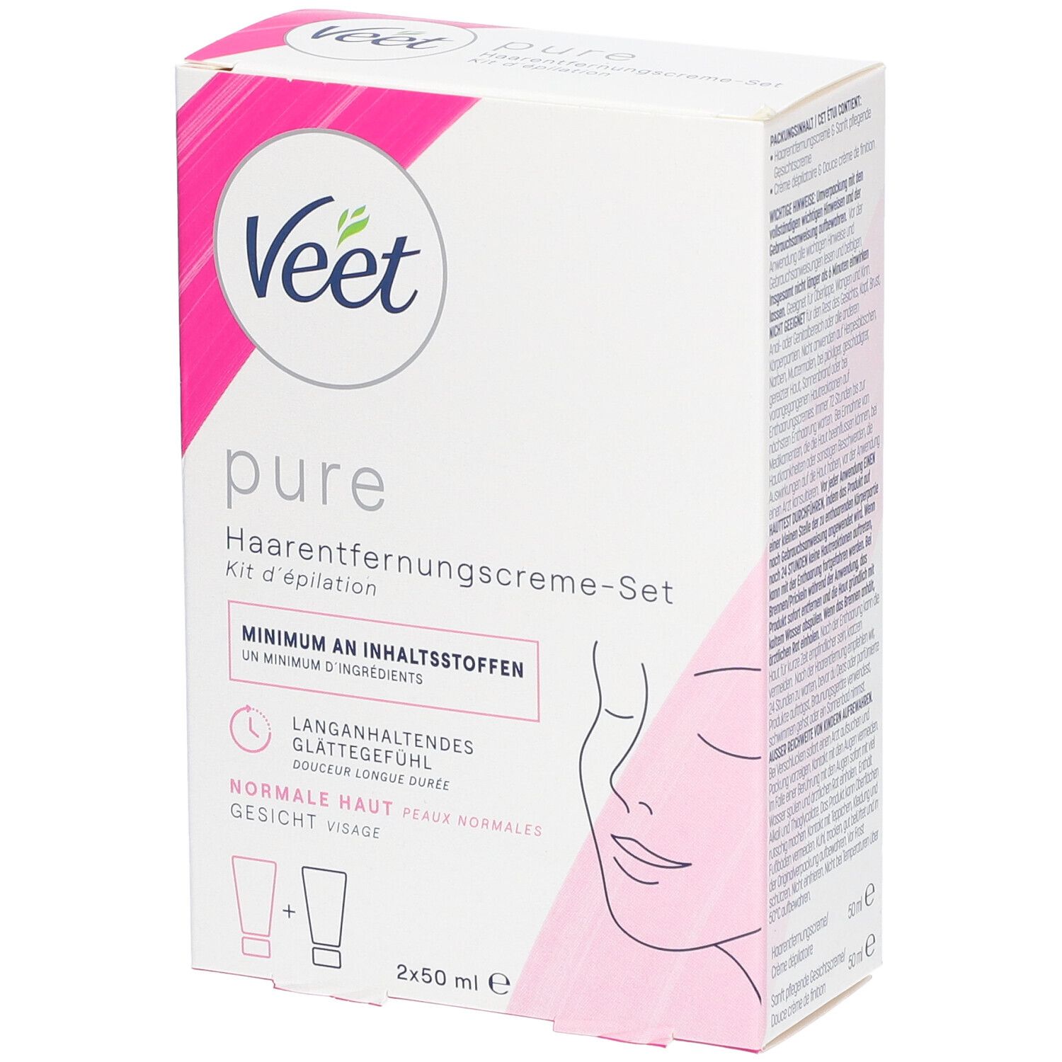 Kit d'épilation Veet Pure pour le visage. Emballage blanc et rose. Contient deux tubes de crème.