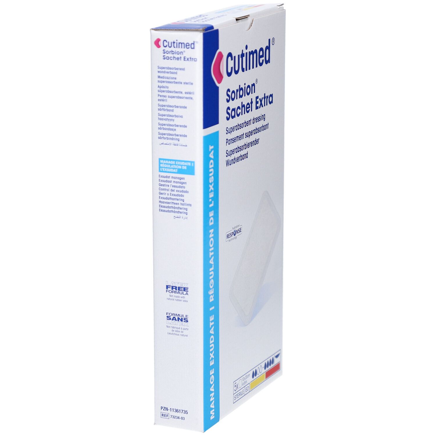 Vue latérale de l'emballage Cutimed Sorbion Sachet Extra. Texte : Manage Exsudate, Free Formula, sterile EO.