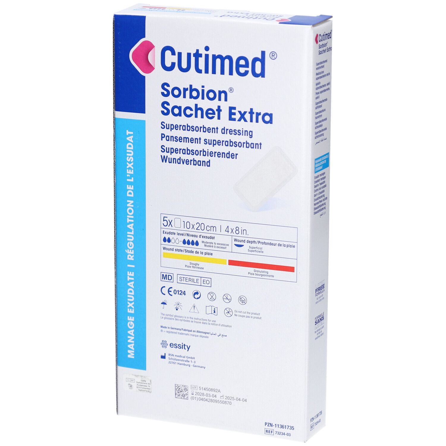 Emballage Cutimed Sorbion Sachet Extra. Contient 5 pansements stériles. Taille : 10x20cm. Inscription : Manage Exsudate, CE 0124.