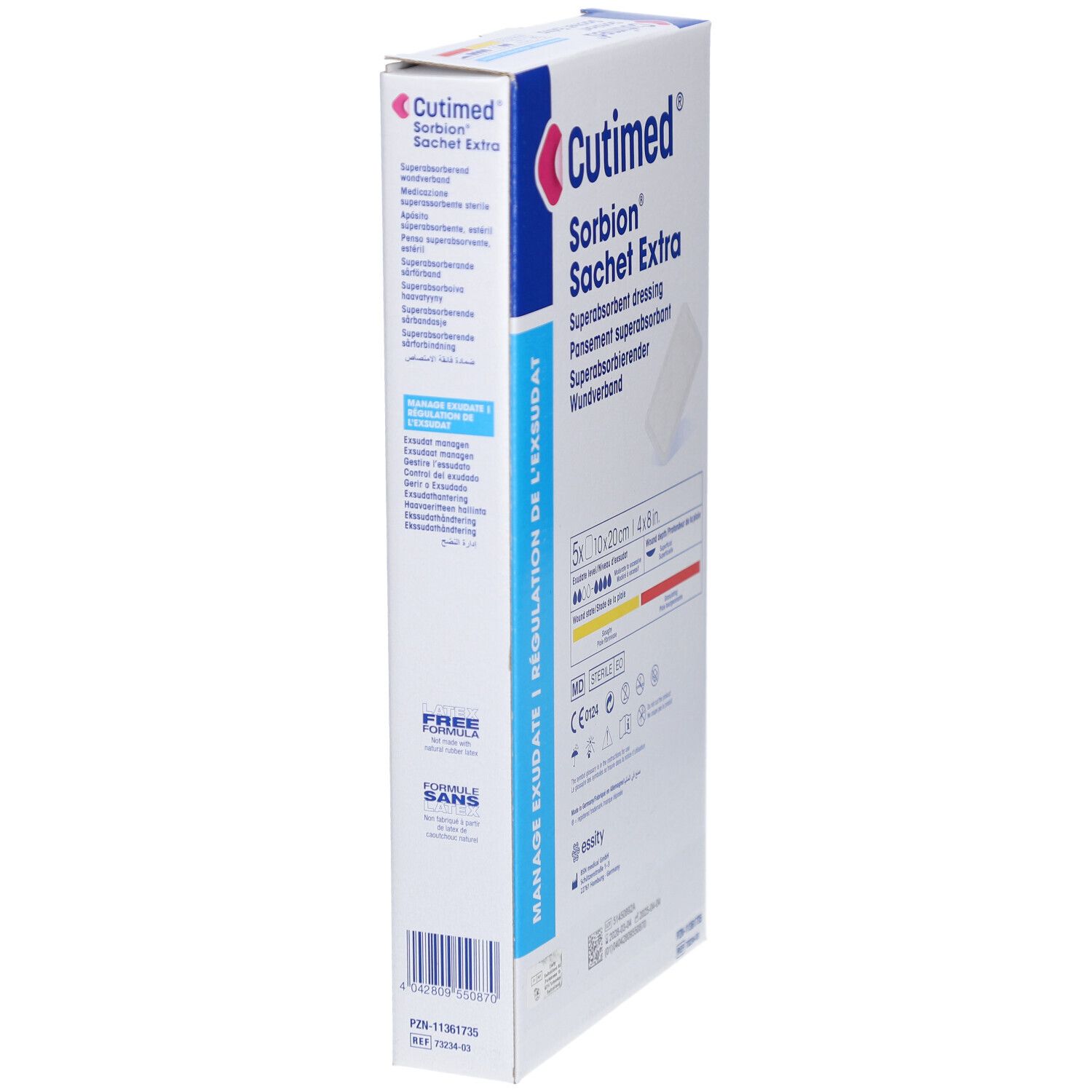 Vue latérale de l'emballage Cutimed Sorbion Sachet Extra. Texte : Manage Exsudate, Free Formula, sterile EO.