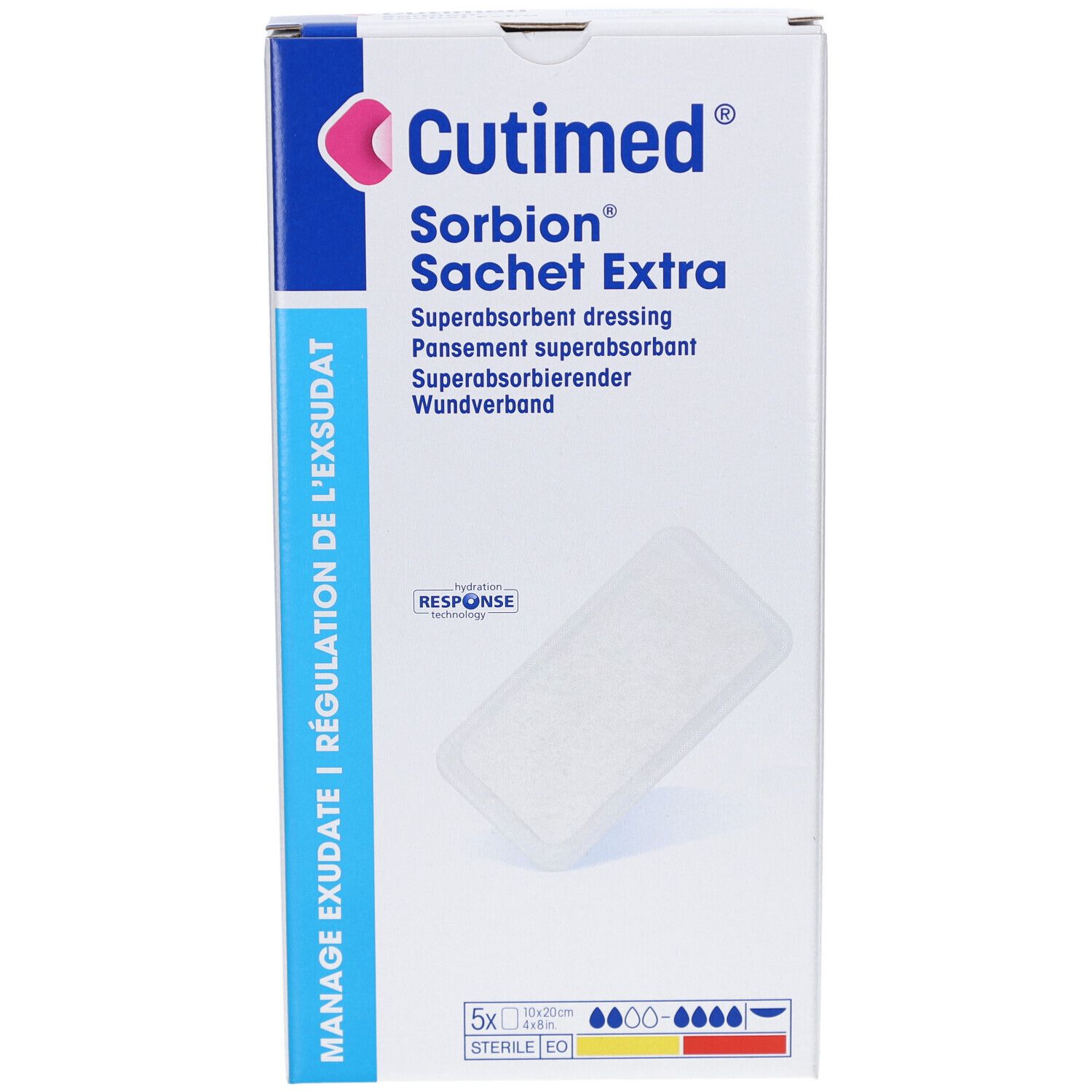 Emballage Cutimed Sorbion Sachet Extra. Contient 5 pansements stériles. Inscription : Manage Exsudate, technologie Response.