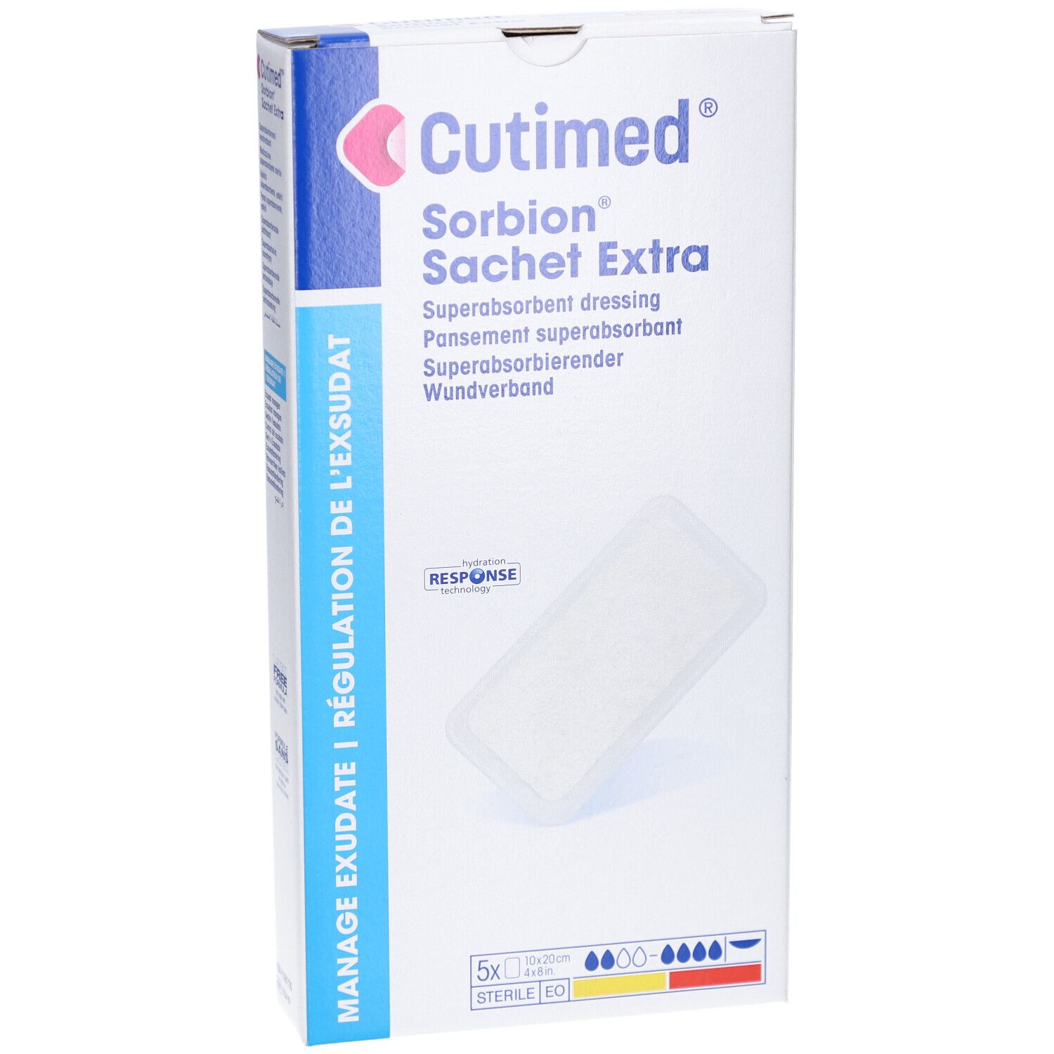Emballage Cutimed Sorbion Sachet Extra. Contient 5 pansements stériles. Inscription : Manage Exsudate, technologie Response.