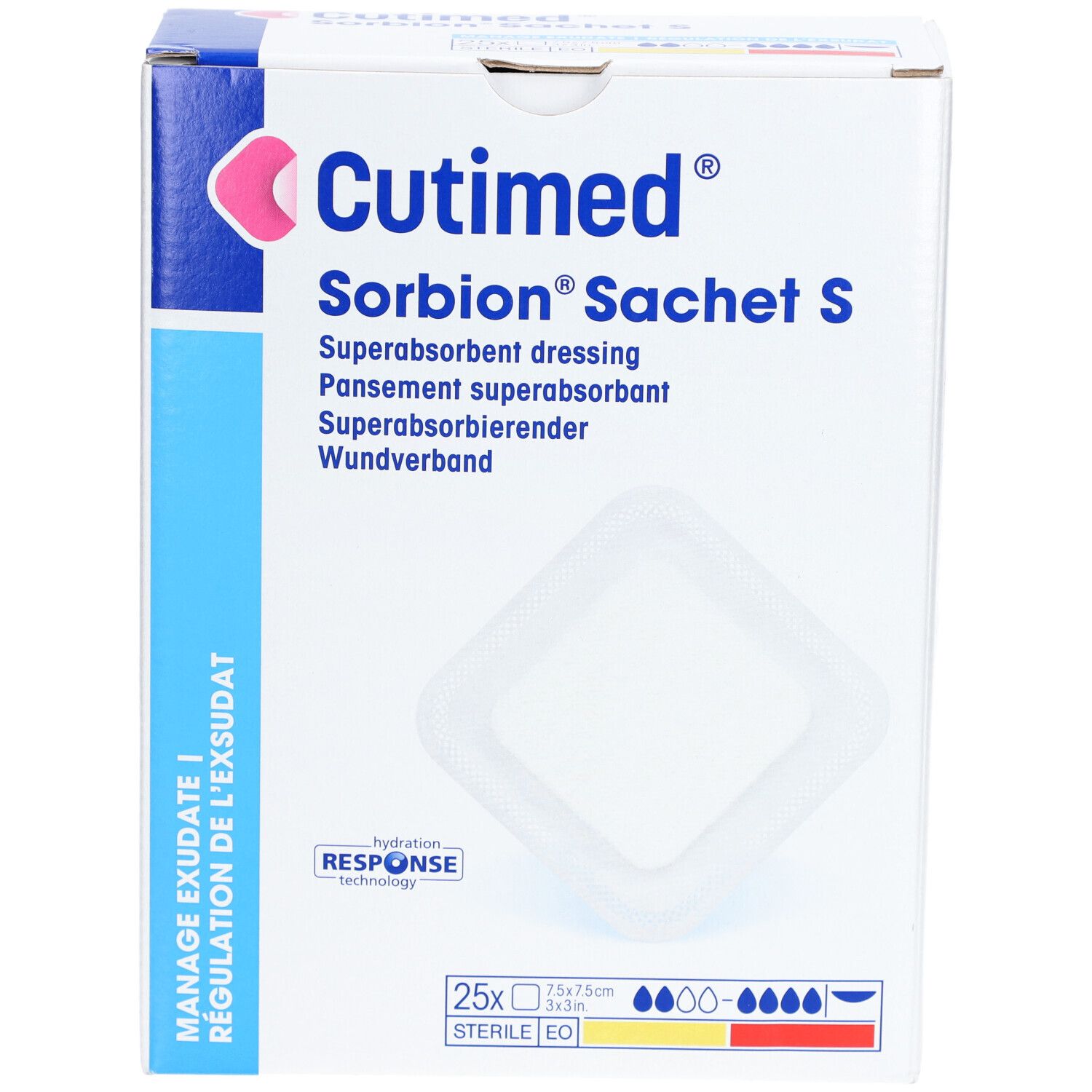 Karton Cutimed Sorbion Sachet S. Aufschrift: Superabsorbierender Wundverband. Enthält 25 Stück, 7,5 x 7,5 cm. Mit Zertifizierungen.