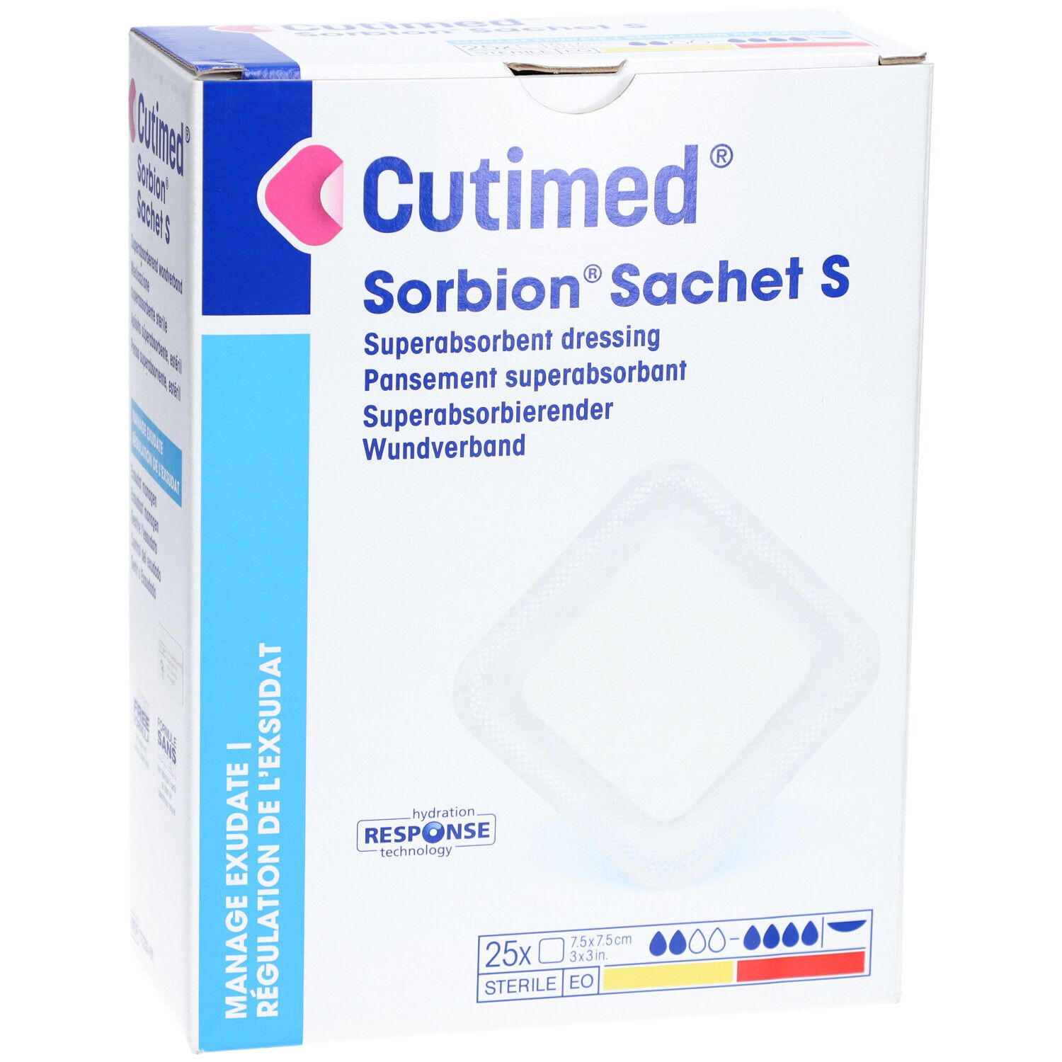 Karton Cutimed Sorbion Sachet S. Aufschrift: Superabsorbierender Wundverband. Enthält 25 Stück, 7,5 x 7,5 cm. Mit Zertifizierungen.