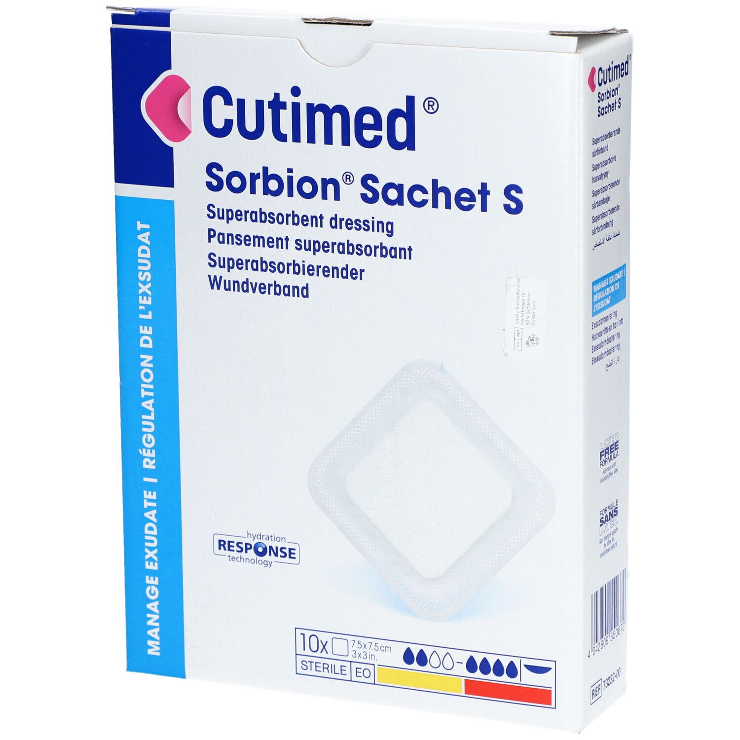 Verpackung von Cutimed Sorbion Sachet S. Enthält 10 sterile, superabsorbierende Wundverbände. Quadratische Form, 7,5 x 7,5 cm.
