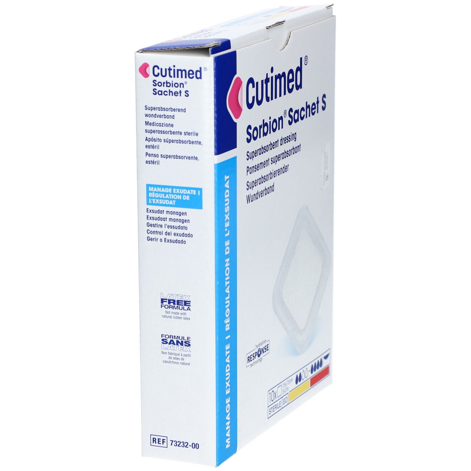 Schräg stehende Verpackung von Cutimed Sorbion Sachet S. Aufdruck mit Produktnamen und Eigenschaften. Enthält sterile Wundverbände.