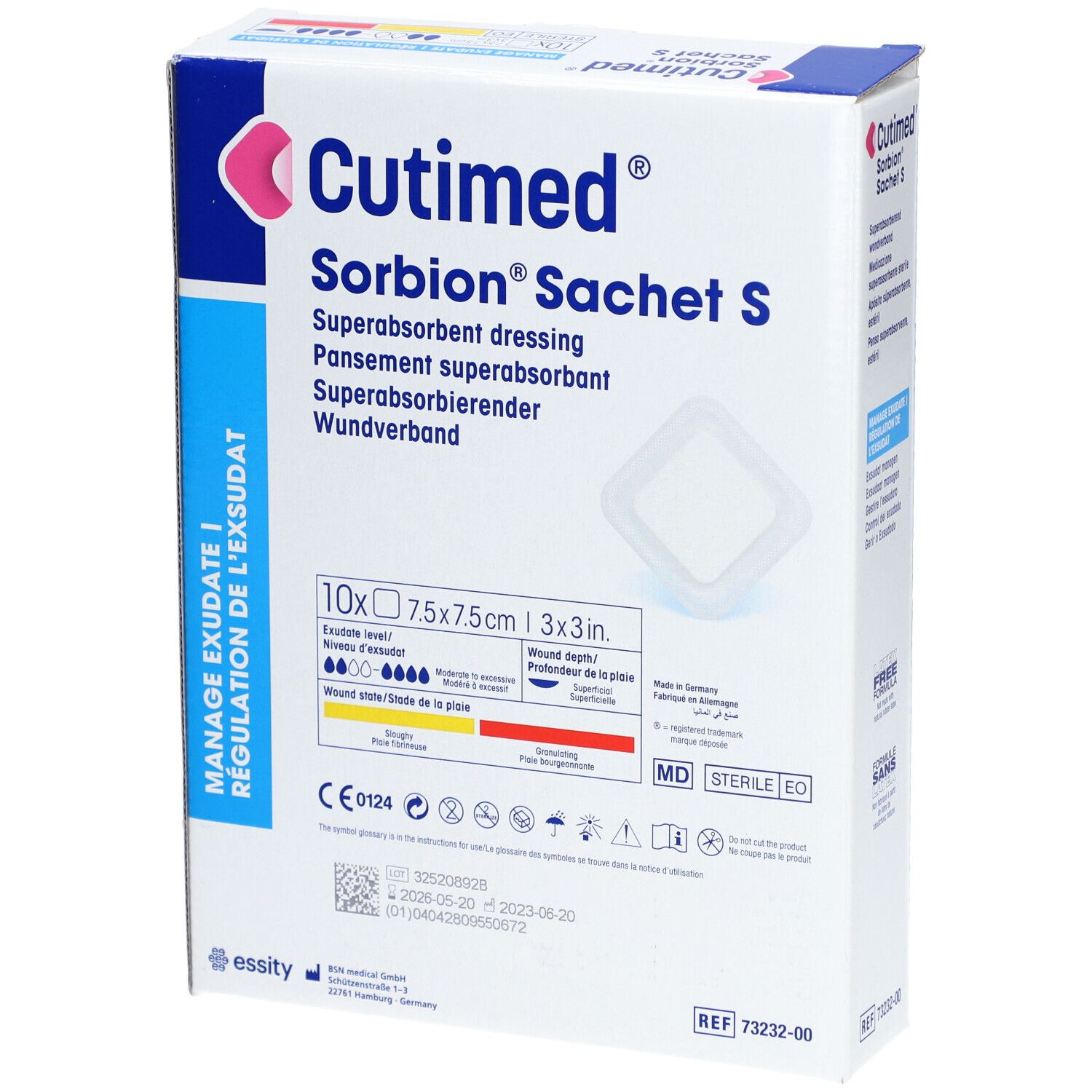 Verpackung von Cutimed Sorbion Sachet S. Zeigt 10 sterile Wundverbände, 7,5x7,5cm. Informationen zur Exsudat-Absorption und CE-Kennzeichnung.