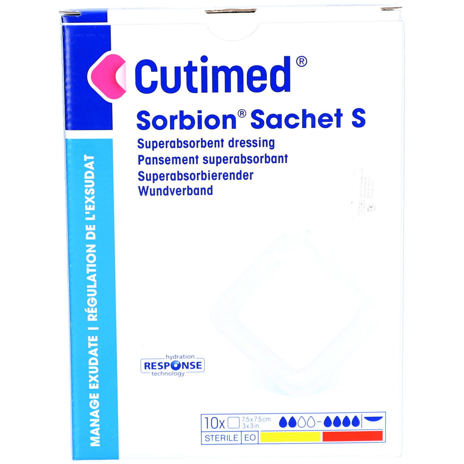Verpackung von Cutimed Sorbion Sachet S. Enthält 10 sterile, superabsorbierende Wundverbände. Quadratische Form, 7,5 x 7,5 cm. Hydration Response.