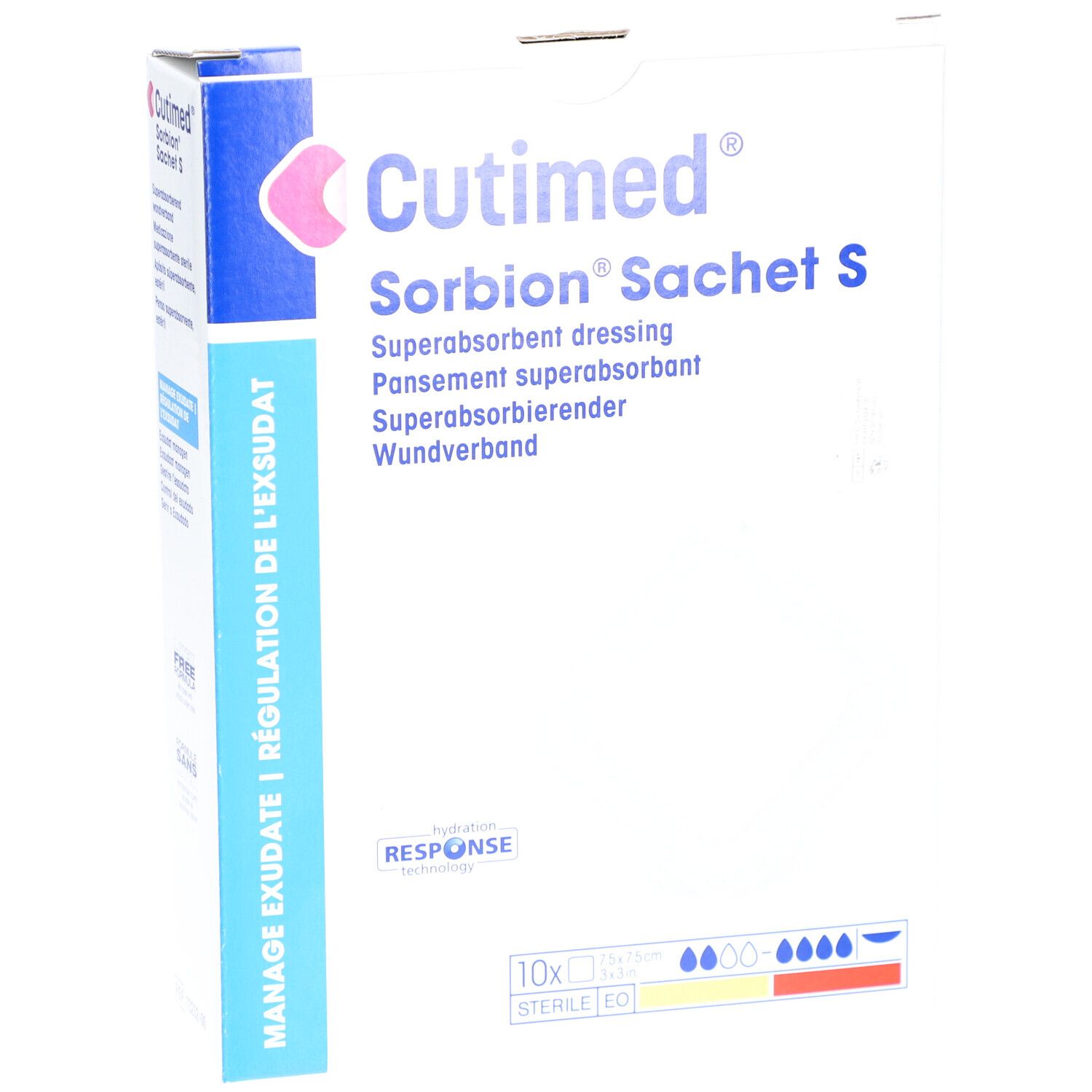 Verpackung von Cutimed Sorbion Sachet S. Enthält 10 sterile Wundverbände. Produktname und Eigenschaften. Hydration Response Technologie.