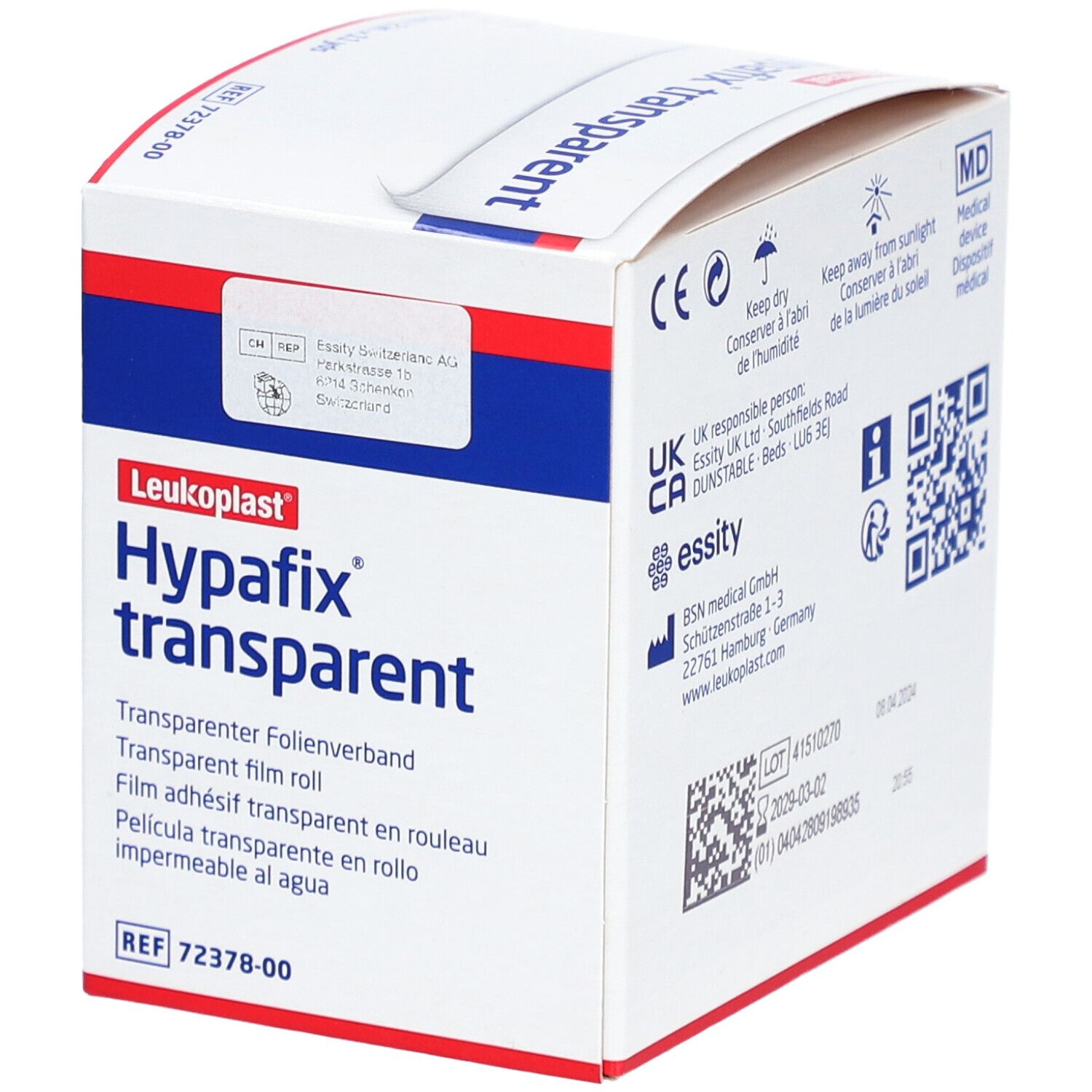 Verpackung von Hypafix transparent. Weißer Karton mit roter und blauer Schrift. Produktname und Informationen.