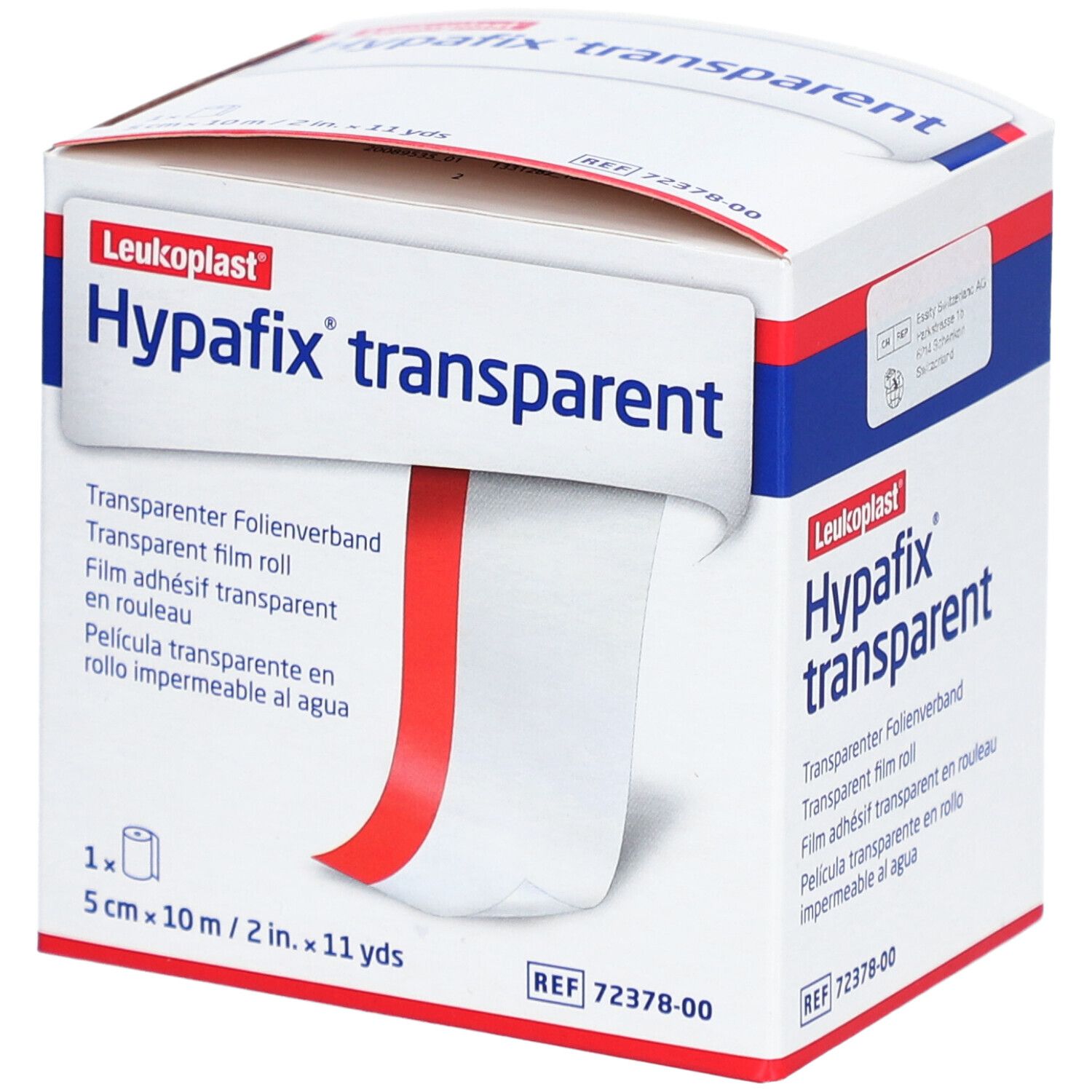 Hypafix transparent in Verpackung. Weißer Karton mit roter und blauer Schrift. Rolle des transparenten Films sichtbar.