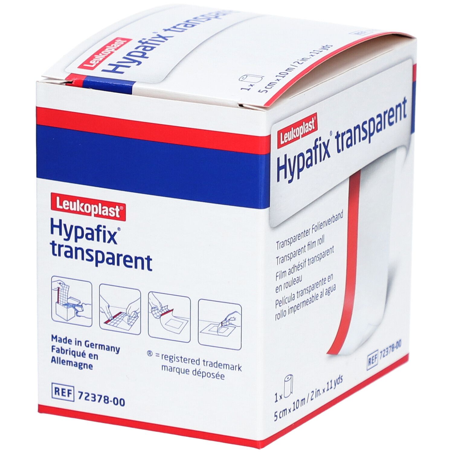 Verpackung von Hypafix transparent. Weißer Karton mit roter und blauer Schrift. Produktname und Anwendungsbeispiele.